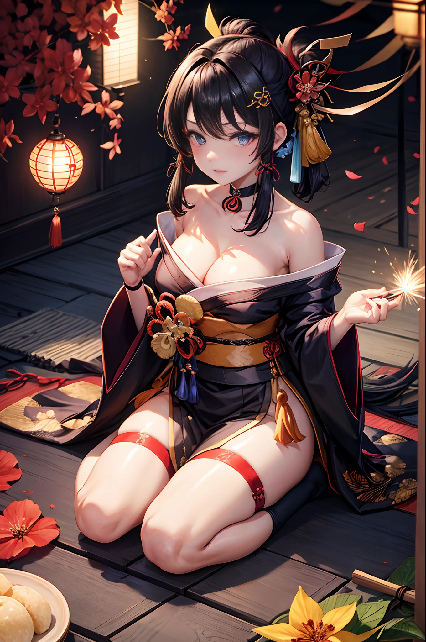 masterpiece、best、Hi-Res、1 female、A dark-haired、Medium Hair、Asymmetrical hair、Floating hair、blindfolds、High Ponytail、side locks、hair adornments、Fish hair ornament、tassels、Kanzashi、bangss、light blue eyes、Beginning、ssmile, tusk, Only the upper teeth, a choker, a red choker, Pendant Choker, Butterfly Choker, 鎖骨, The tattoo, Chest Tattoo, Flower tattoo, cleavage of the breast, middlebreasts, thighs thighs thighs thighs, bandaged, Bandaged Legs, sarashi, Budget Sarashi, Breast sarashi, Black sash、 Hadanugi Dosa 、 Broomstick 、 Komono 、 Kimono 、 Drawstring 、 Obi 、 Obiage 、 Obi tightening 、 Orange kimono 、 Drawstring 、 Patterned kimono 、 noose 、 Obi 、 Shimenawa 、 Short kimono 、 Piece bare shoulders 、 phantom(Genshin) 、 East Asian Architecture 、cherry trees, full body Esbian, crouching down, sparkler fireworks, natta, sparklers, sparklers, cross one's legs, an legs, single glove, Single fingerless gloves, wristbands, Black socks,
