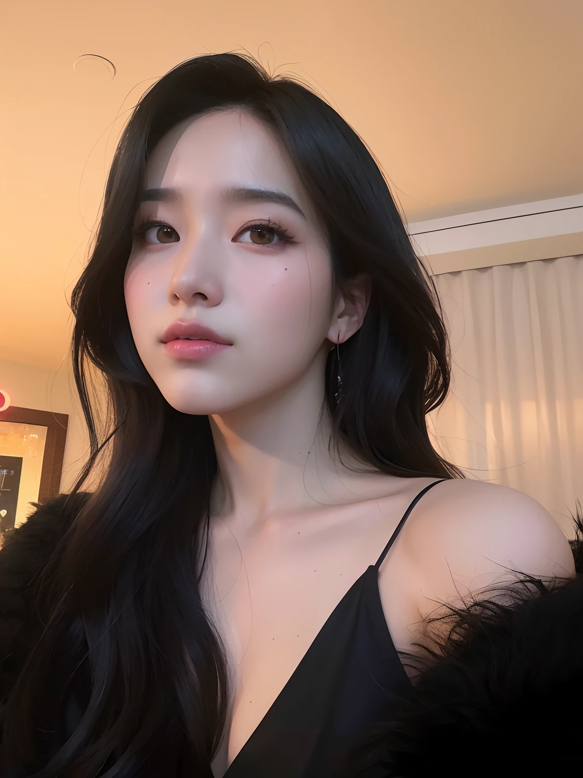 8K, Best Quality, Masterpiece, Ultra High Resolution, (Realism: 1.4), Original Photo, (Realistic Skin Texture: 1.3), (Film Grain: 1.3), (Selfie Angle), 1 Girl, Beautiful Eyes and Face Details, Masterpiece, Best Quality, Close-up, Upper Body, Looking at the Viewer