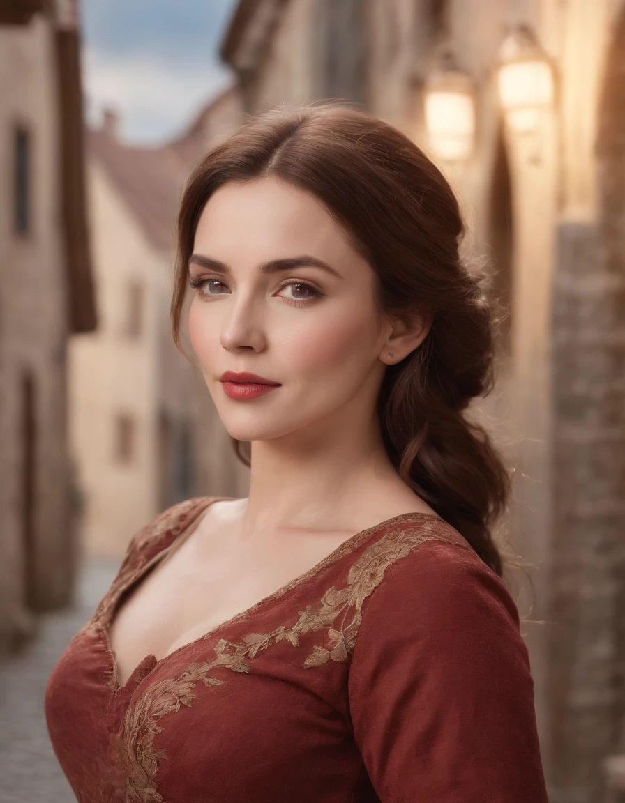 A mature woman with a large chest, plump lips, mischievous expression, in a medieval town, surrounded by clouds, exuding motherly love, with a chic and sophisticated style. (best quality, 4k, highres, masterpiece:1.2), ultra-detailed, (realistic, photorealistic, photo-realistic:1.37), portraits, vibrant colors, soft and warm lighting.