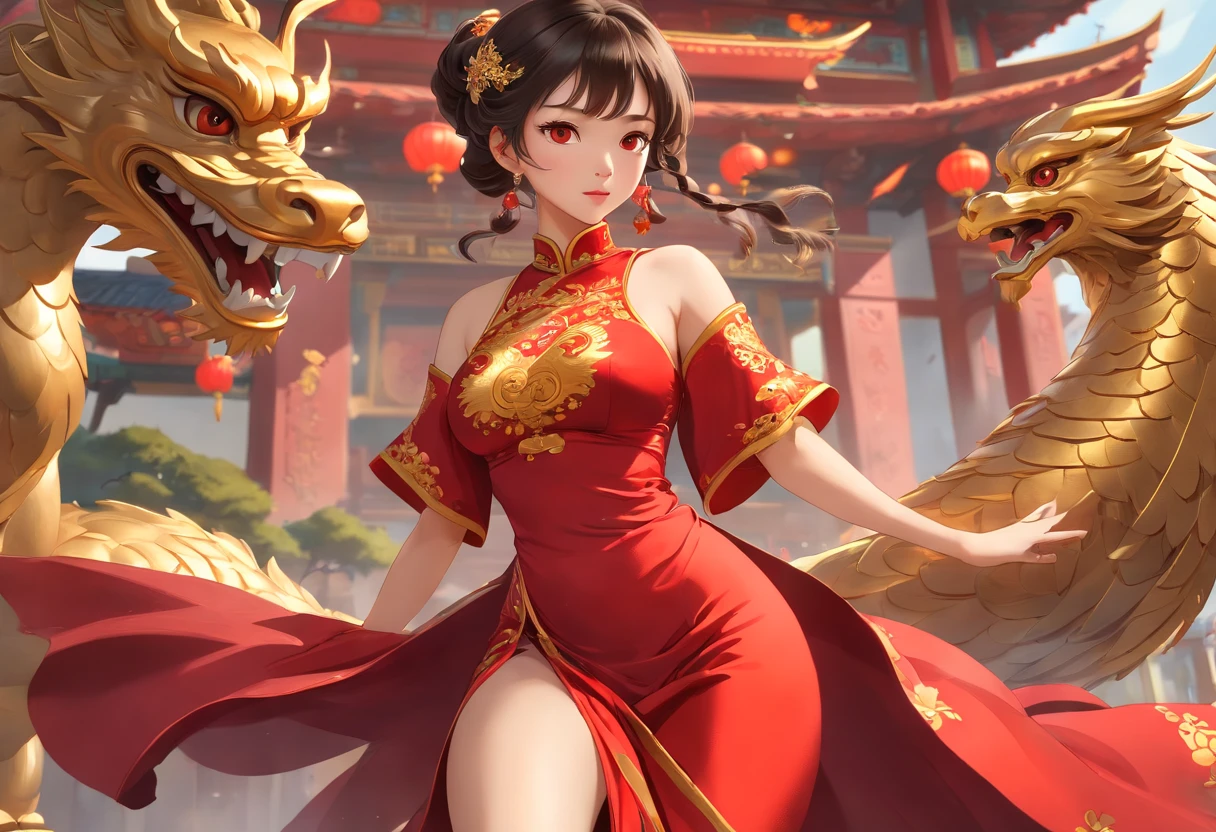 8k, Photorealistic, hyper detailed, Very detailed, Best quality, 4k hd, realistic portrait, a woman in a red and gold dress posing for a photo, Chinese goddess, Chinese dress, gorgeous Chinese model, Chinese women, beautiful Asian women, Asian women, Chinese princess, China Clothing, beauty fantasy queen, chinese woman, beautiful oriental woman, sexy busty dress, korean women, cheongsam, asian super detailed, asian woman, beautiful asian woman, seductive. Woman in red and gold dress posing for photo, Yu Zhiding statue, cg social trend, fantasy art, exhibitionism, hands on fierce, slit, sexy dress, ,(high quality, colorful, vibrant, detailed, professional), 16k, UHD.