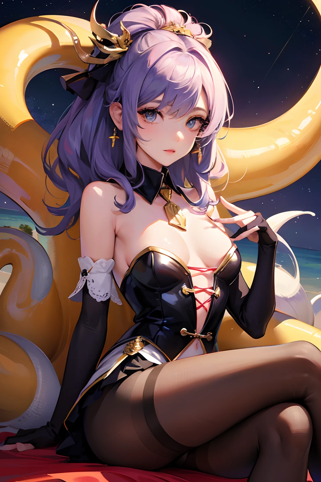 Masterpiece, Best quality, Night, Moon, Beautiful detailed sky, Realistic, Real, Huge_filesize, the wallpaper, Girl, Medium hair, whaite hair, curly_Hair, Hair accessories hair bow, shairband, leaf hair ornament, Tentacle hair, view the viewer, eyeball, Small breasts, shirt, Miniskirt, White pantyhose, panties under pantyhose, Elbow gloves , Collar, Earrings, jewelry, Spread legs, Crossed_Legs,