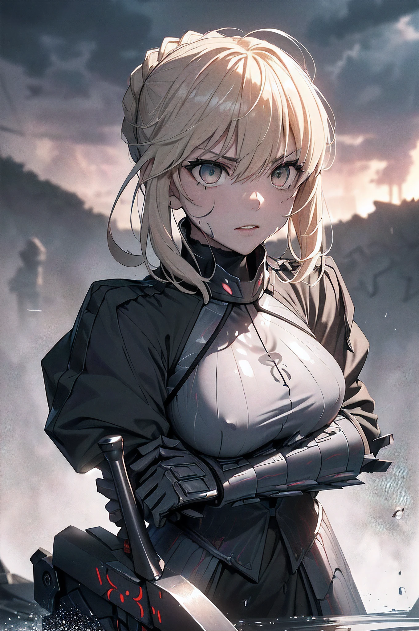 (masterpiece, high resolution, detailed:1.3), Artoria Pendragon from Fate/Stay Night anime, (holding Excalibur sword with both hands, its gleaming blade reflecting the dim light:1.4), (rain-soaked armor adorned with rivulets, each droplet emphasizing the battle's toll:1.2), (intense expression in the twilight, a mixture of weariness and unyielding determination:1.2), dynamic angle capturing the warrior's stoic stance amid the chaos:1.2), (dramatic lighting casting deep shadows, accentuating the contours of armor and face:1.2), (meticulously detailed eyes, a captivating blend of fatigue and determination:1.2), (heavy raindrops falling, creating a symphony on the battlefield:1.1), (muddy terrain, footprints and imprints of the fierce struggle:1.1), (debris of fallen soldiers, broken weapons, and scattered shields:1.1), (ominous dark clouds looming overhead, echoing the gravity of the conflict:1.2), (exhausted but determined facial features, a reflection of the toll of war:1.2), (tattered battle flag in the background, fluttering in the tempest:1.1), (ripples in puddles reflecting the scene, creating a haunting ambiance:1.1), (Canon EOS-1D X Mark III camera capturing exceptional detail, from raindrops to battle scars:1.2), (paired with a Canon EF 24-70mm f/2.8L II USM lens for versatile shots:1.2), (capturing the raw emotion and intensity of the moment:1.1), (highlighting the rain-soaked atmosphere, immersing the viewer in a somber and cinematic scene:1.1).