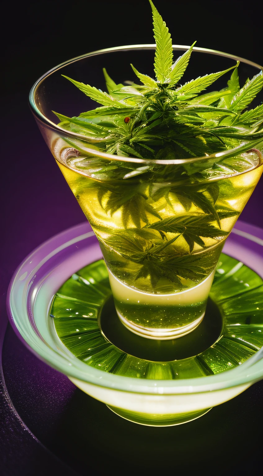 A bowl of water with cannabis slices and cannabis, Cannabis peel texture, Has a cannabis peel texture, Made of cannabis fruit, ganja, Fruits and cannabis, 🐿🍸Cannabis Light, Pink and purple, !!natural beauty!!, photorealistic oil on canvas, Made of fruit and cannabis, in green, Photorealistic oil painting, Soft Glow Crystal Cannabis, Fanciful, intergalactic, cleanness, kirakira, kirakira, Gorgeous, Colorful, amazing photo, dramatic lighting, photorealisim, ultra - detailed, 4K, depth of fields, hight resolution