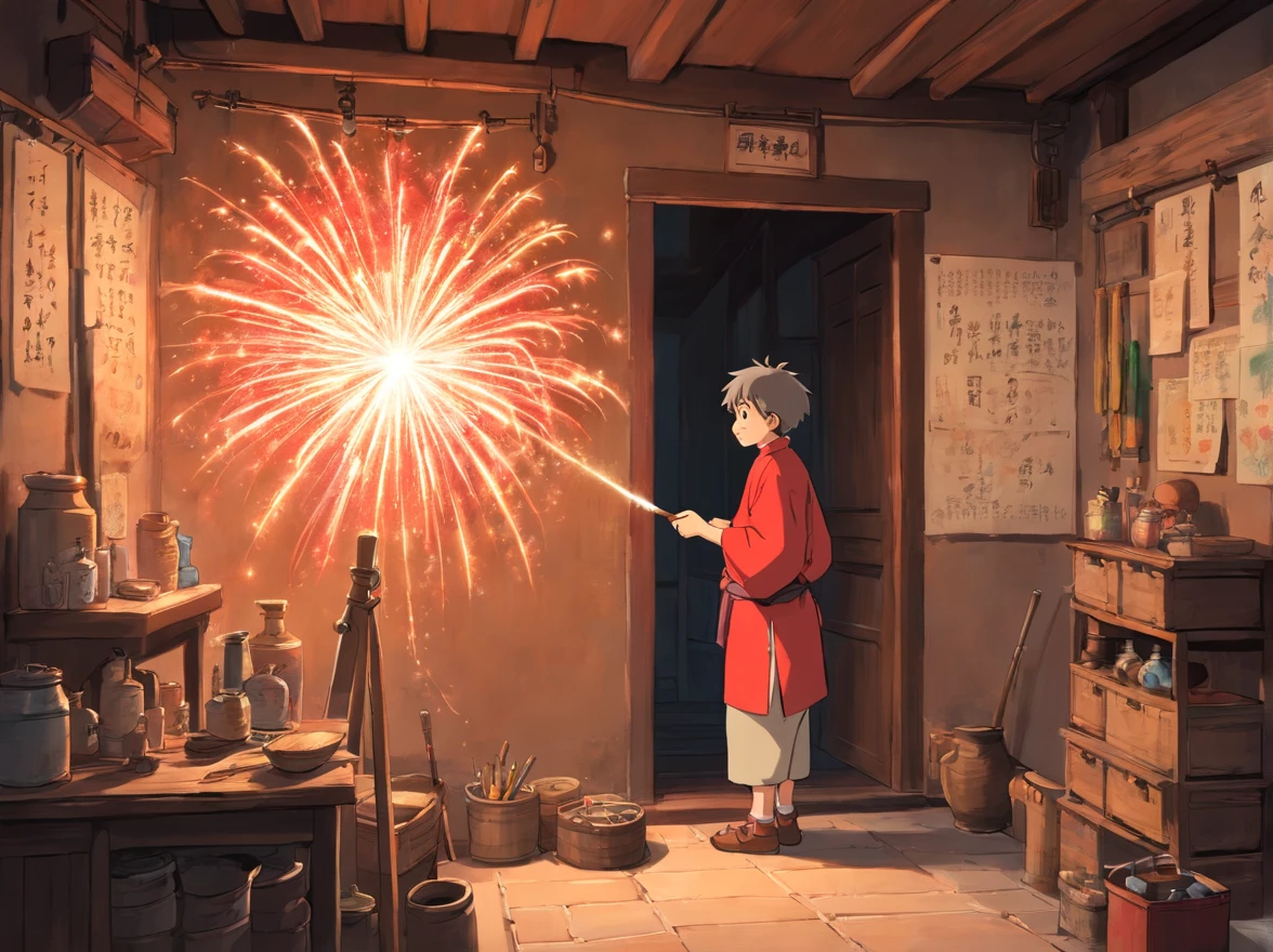 Indoors,Red Zhuang costume -yeld boack Shadow,are standing,Look up at the drawings and tools on the wall(Boy image:Red clothes,Carry a bag,年轻)。The old man in brown Zhuang clothes stood next to the boy,Back Shadow,Back hands behind you(Image of the old man:brown clothes,Thin and shriveled,Has a long beard,)The walls are covered with all kinds of flowcharts and tools for making fireworks。(The picture shows the boy in the house,The walls are covered with all kinds of flowcharts and tools for making fireworks)