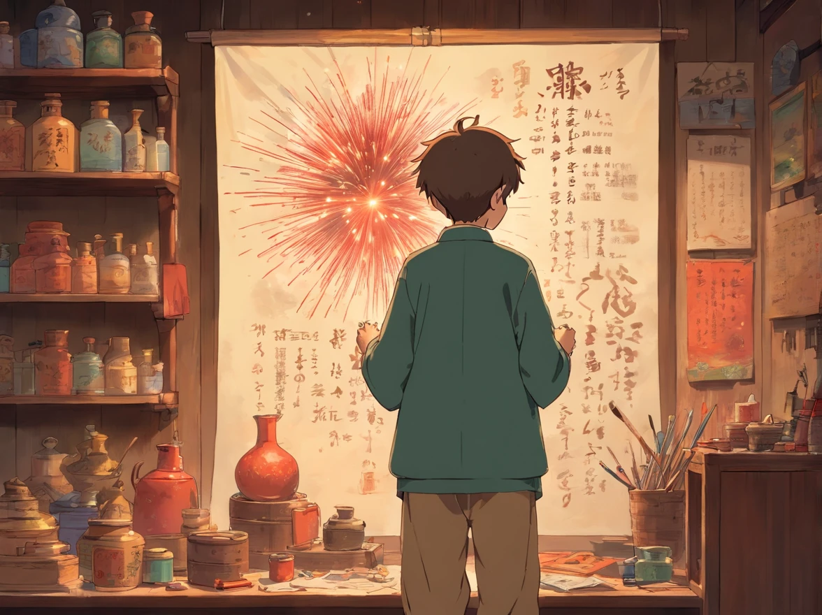 Indoors,Red Zhuang costume 15-year-old boy,Back Shadow,are standing,Look up at the drawings and tools on the wall(Boy image:Red clothes,Carry a bag,年轻)。The old man in brown Zhuang clothes stood next to the boy,Back Shadow,Back hands behind you(Image of the old man:brown clothes,Thin and shriveled,Has a long beard,)The walls are covered with all kinds of flowcharts and tools for making fireworks。(The picture shows the boy in the house,The walls are covered with all kinds of flowcharts and tools for making fireworks)