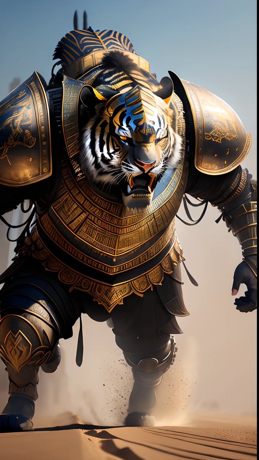 Animalrizz   (( Todsakan giant)) 10, masterpiece, highres, Absurd,photorealistic portrait, Parley_armature,Egypt, Cute tiger in armor ,Wear Parley_armature, Massive futuristic armor, running, move,