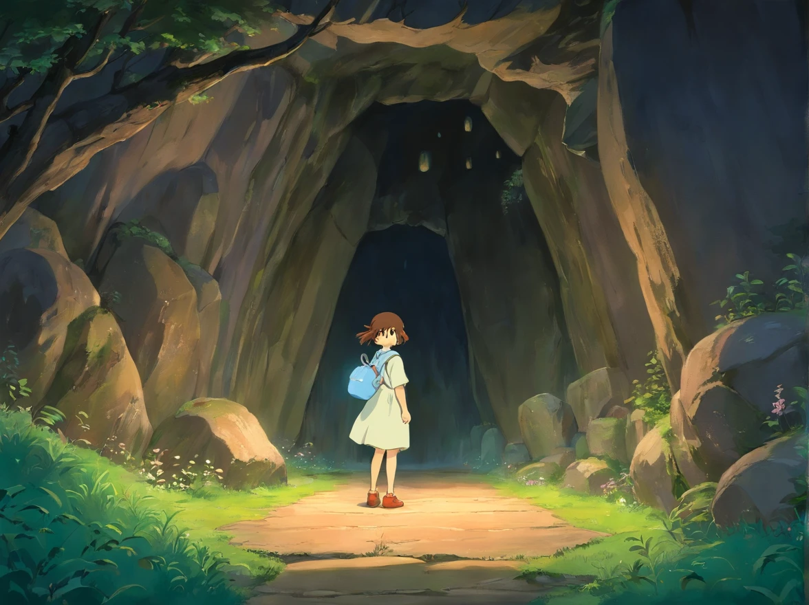 When night falls，The cave emits a soft glow，This moment seems sacred and fantastic。A young boy greeted in the front and a little girl greeted in the front walked into the cave with nervous and excited expressions。The interior of the cave is illuminated by light，It reveals a mysterious atmosphere。