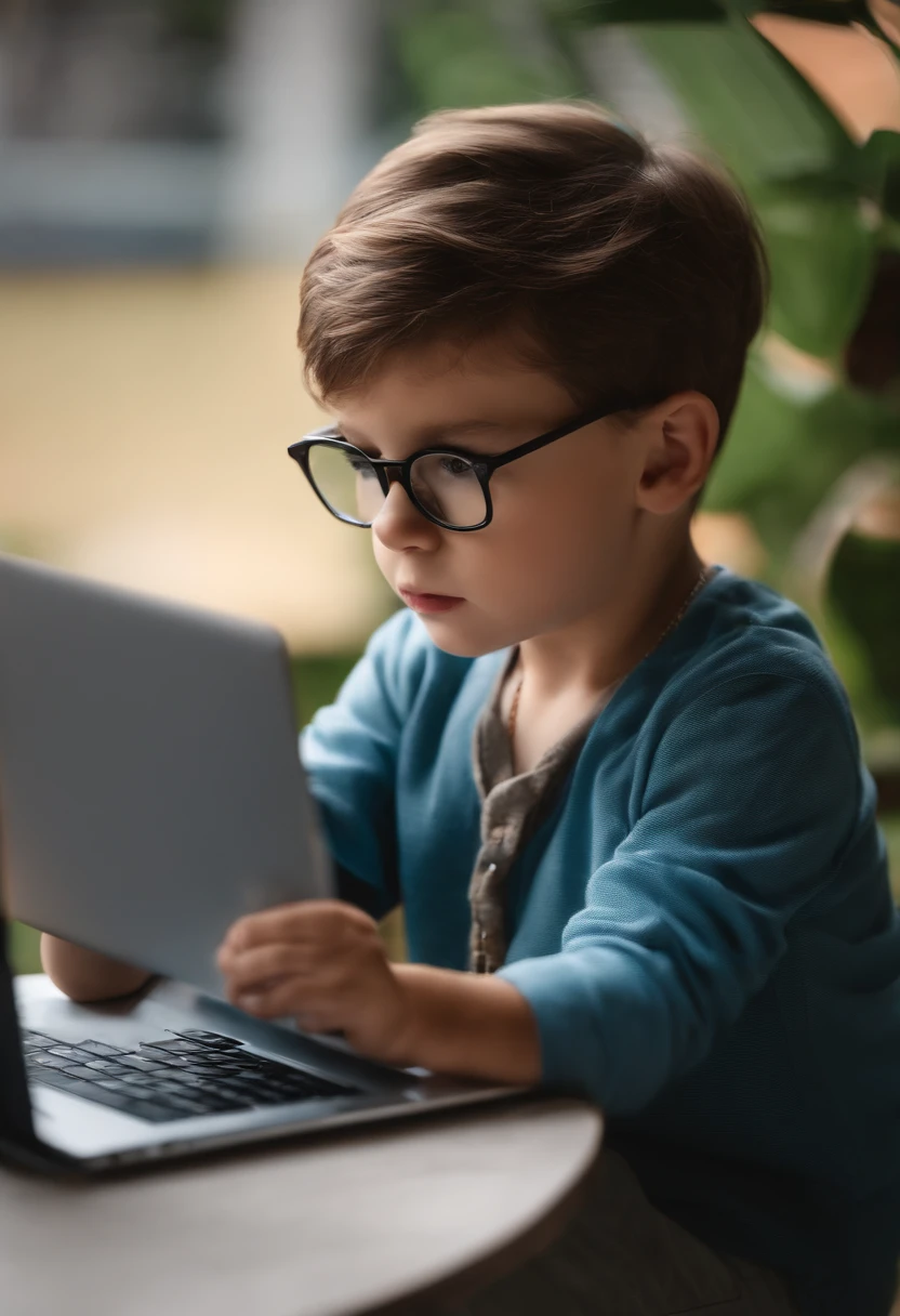 a cute boy with short hair and glasses, holding a laptop and showing us the screen