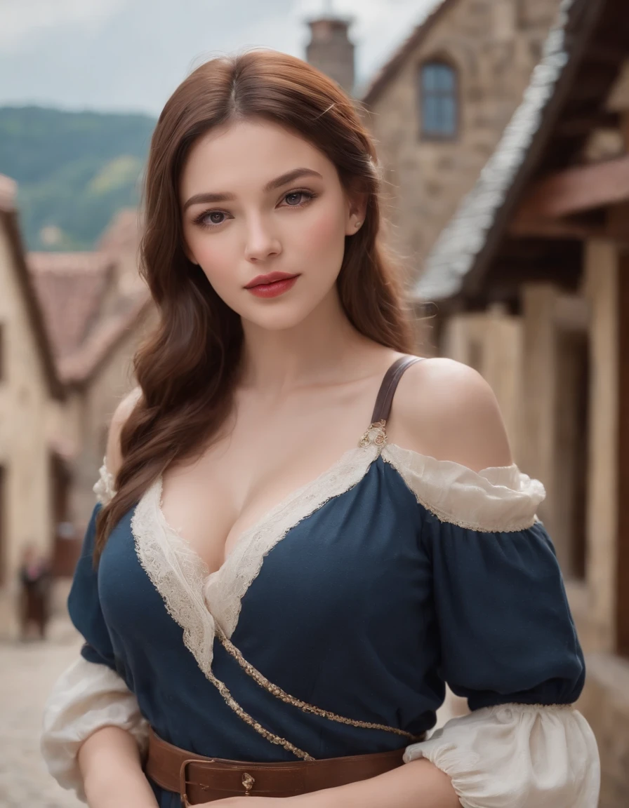 High school girl with big breasts,Miniskirts and blouses, Plump lips, mischievous expression, In a medieval town, Surrounded by clouds, Exude maternal love, In a chic and sophisticated style. (Best Quality, 4K, hight resolution, masutepiece:1.2), Ultra-detailed, (Realistic, Photorealistic, Photorealsitic:1.37), Portraits, Vibrant colors, soft and warm lighting.