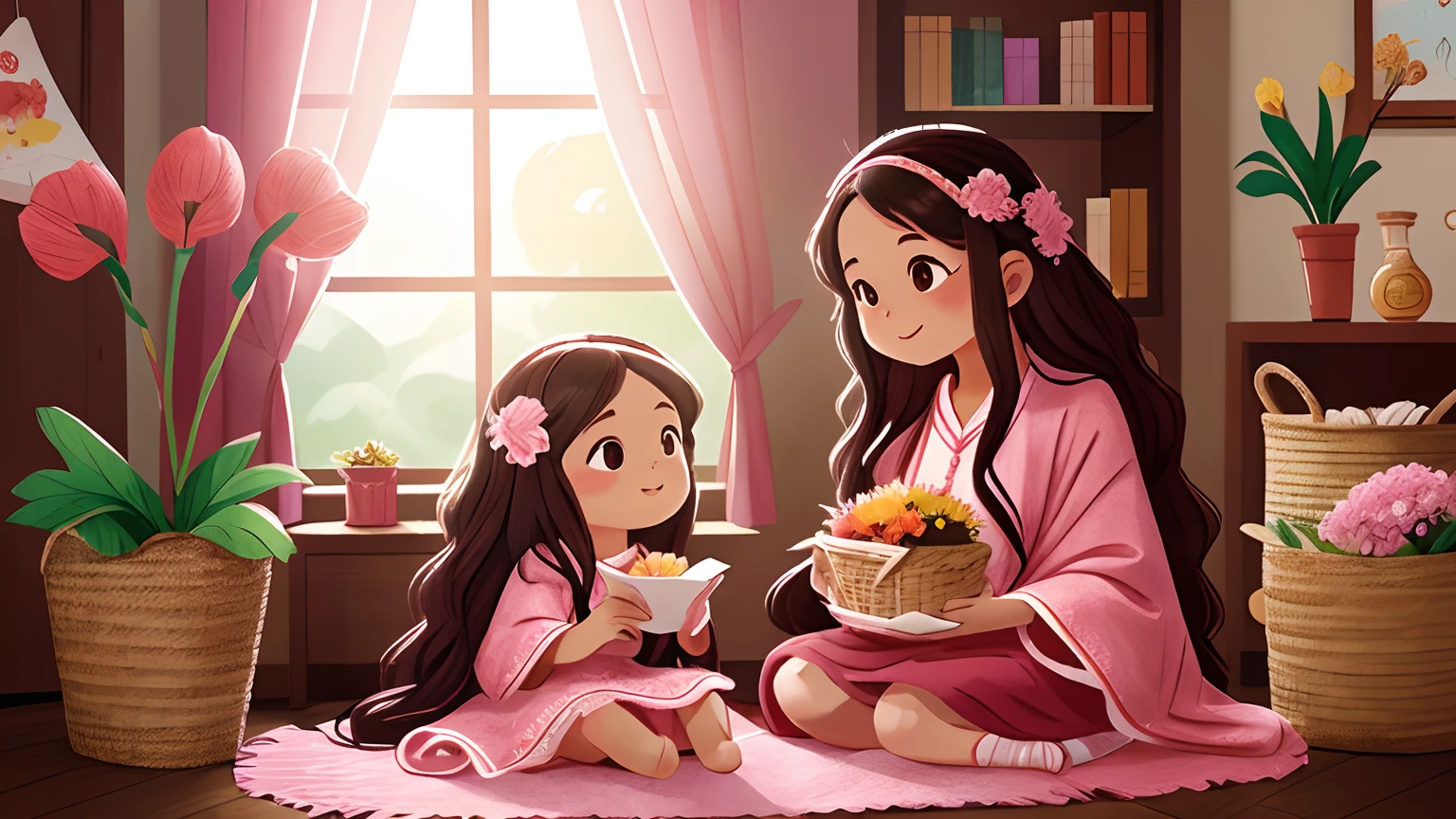 Long-haired mother in pink Zhuang costume and shawl-haired daughter in red Zhuang costume，Holding a basket of flowers，The setting is the living room，A blank piece of paper on the table。 (Best quality, 4K, A high resolution), Ultra-detailed, (Realistic:1.37), sportrait, Vivid colors, Natural lighting.