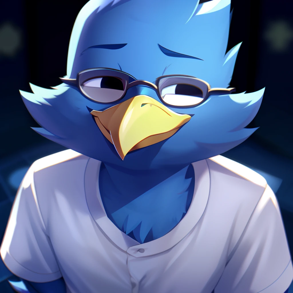 Berdly from Deltarune, glasses, (Berdly:1.0), (solo), bird, (beak), smirk, smug, blue body, male, white shirt, short sleeves, eyes, face, from above, looking up at you, (ray lights, depth of field), standing, thick thighs, 1boy, (cute, 4k, masterpiece, best quality:1.0), portrait, bust