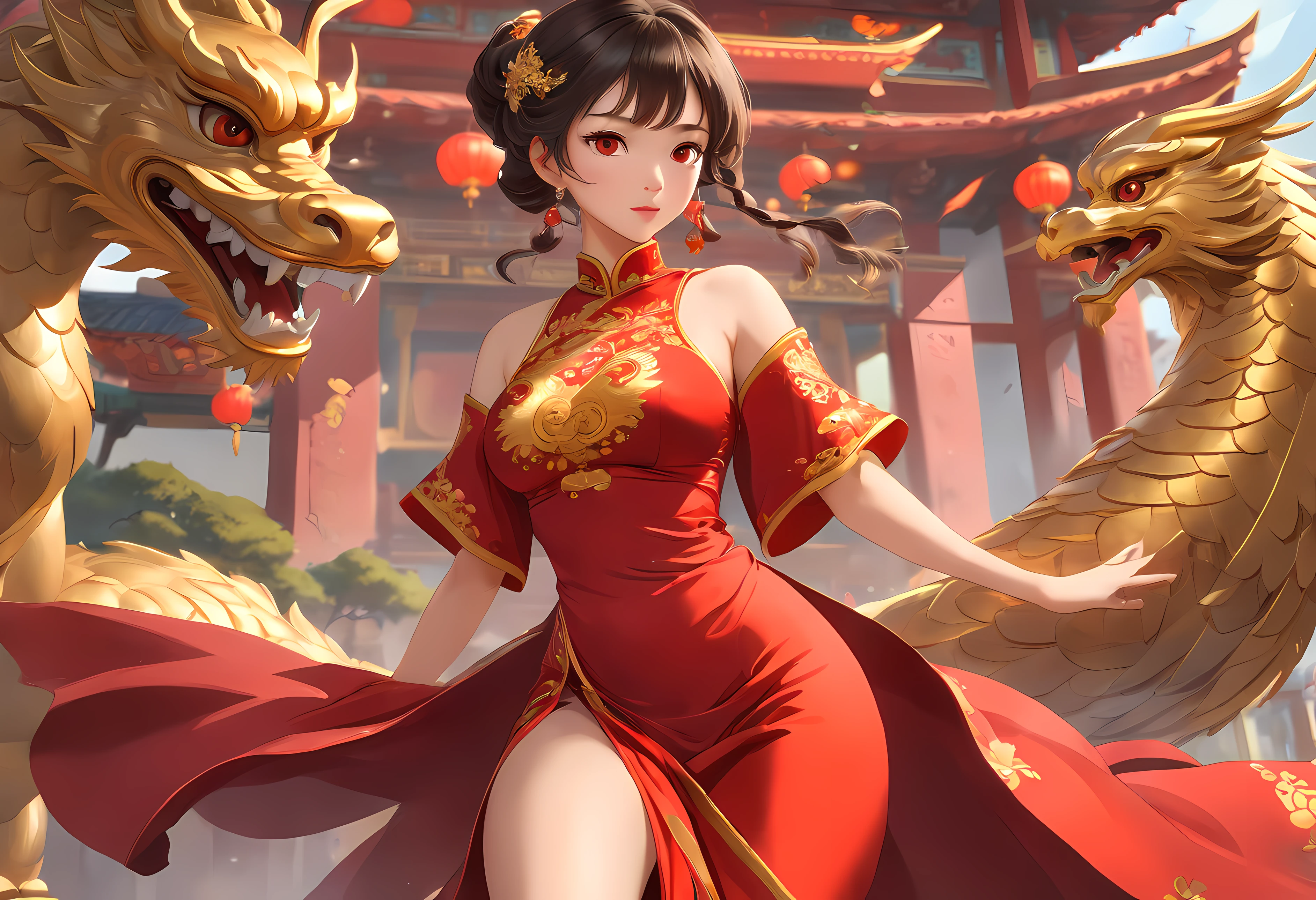 A beautiful charming Chinese woman in traditional red attire sitting in front of a golden dragon background, with elements related to mooncakes and an advertisement for a discount on products.