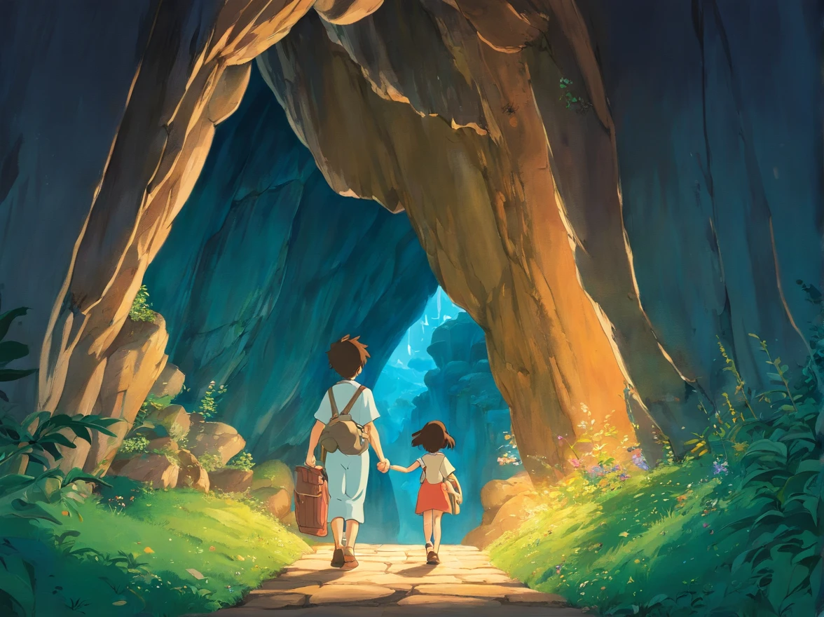 When night falls,The cave emits a soft glow,This moment seems sacred and fantastic。A young boy greeted in the front and a little girl greeted in the front walked into the cave with nervous and excited expressions。The interior of the cave is illuminated by light,It reveals a mysterious atmosphere。