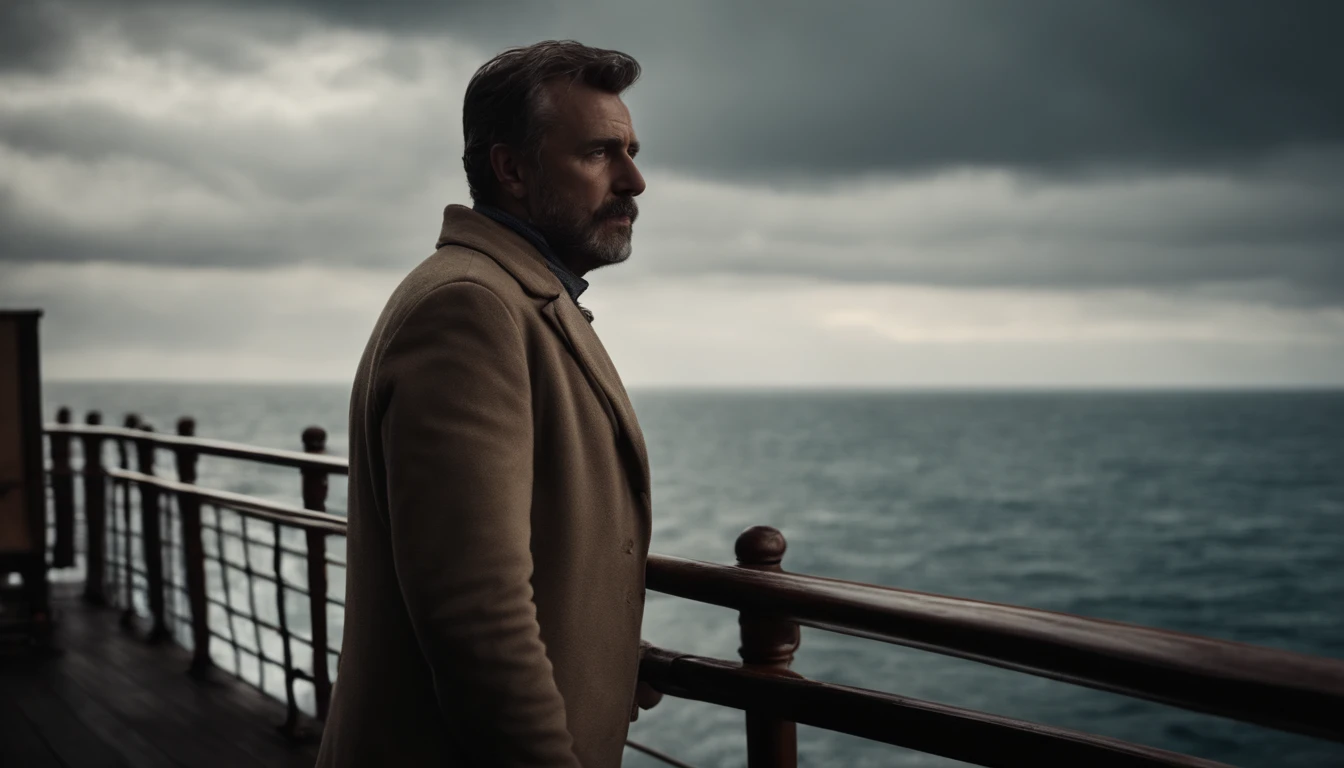 A man stands on the deck of a ship looking out to sea