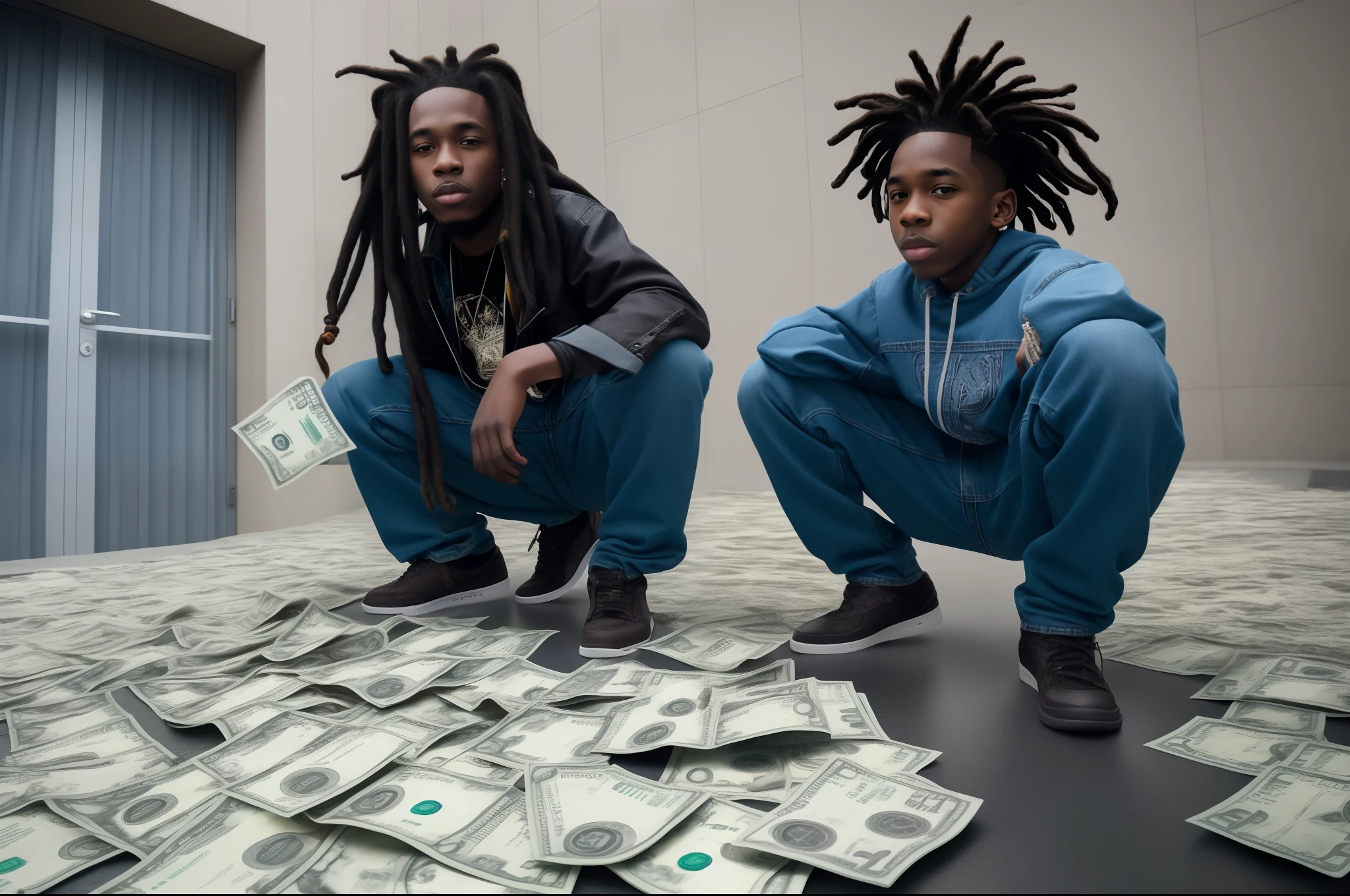 Black boy with long dreads with blonde tips sagging jeans and replace one item with pistol while counting hundred dollar bills in the rain