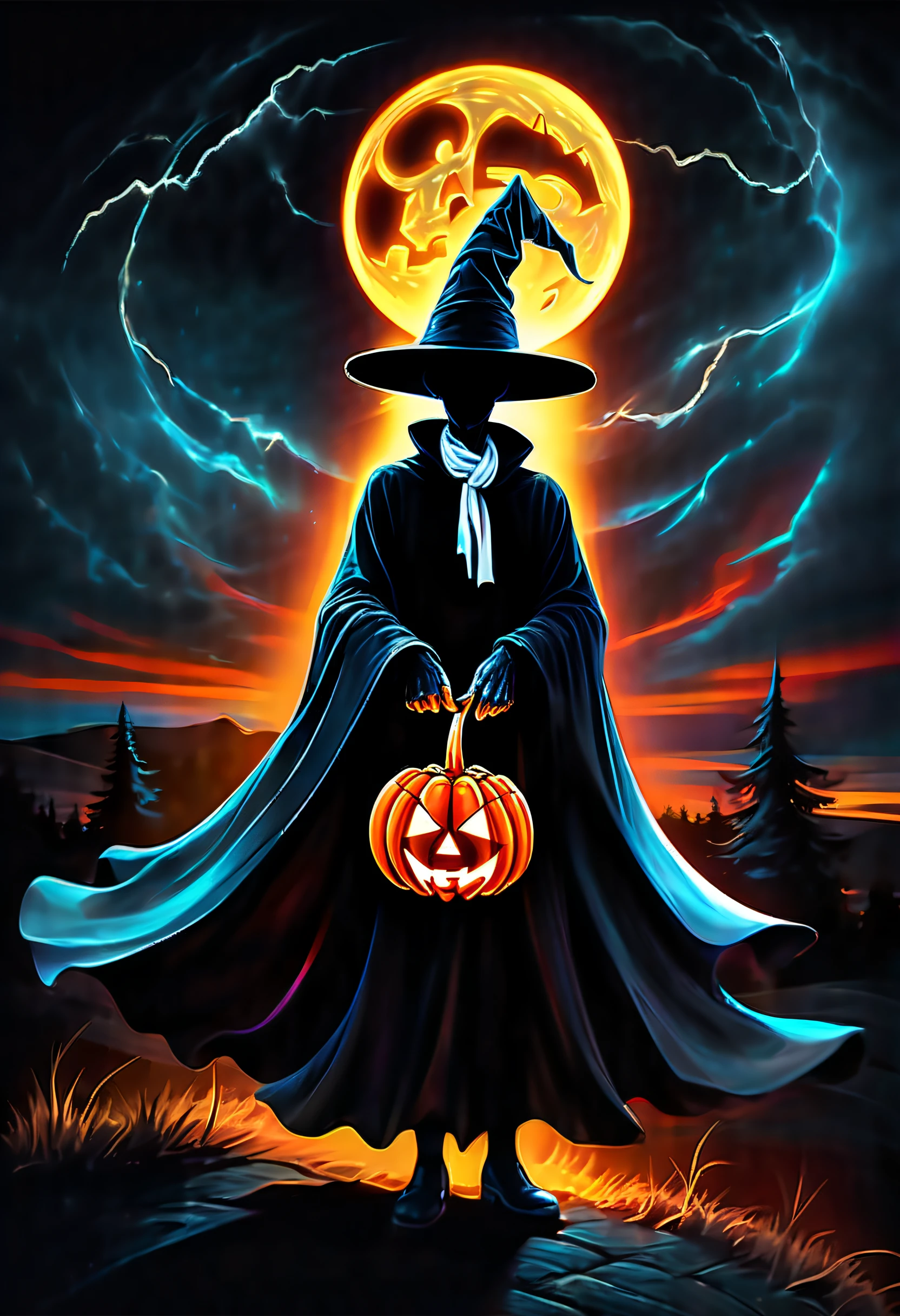 fused jack o lantern and holographic ghost, witch-hat, red and black reversible cloak, white scarf, fly in the sky, night of a mysterious solar eclipse, horror and nightmare fusion atmosphere, crisp clarity that is unmatched, chiaroscuro, golden ratio, darkest swirling vortexes, holography style, holographic rendering,