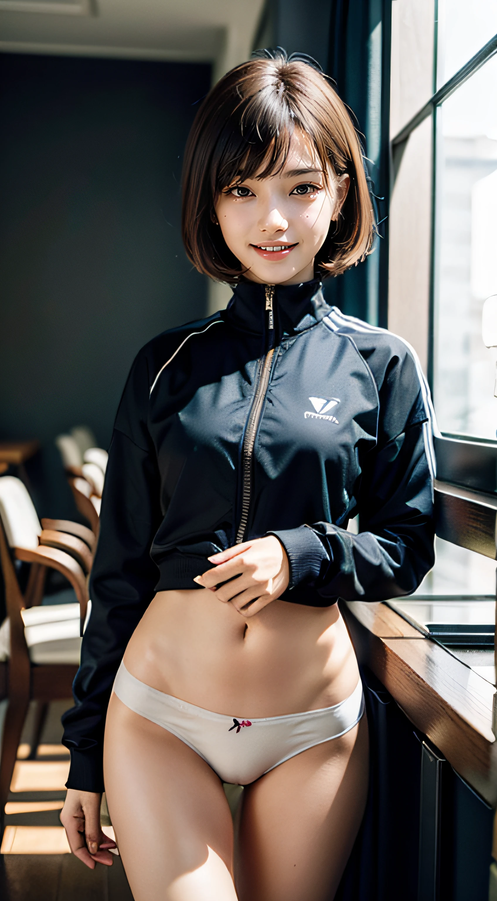 ((Upper body length tracksuit)), ((the lower body is naked)), ((cotton panties)), dining room, Sit in the dining chair, Smiling smile, 1girl in, 独奏, 18yr old, 7headed body, Ideal body proportions, (Composition from head to thigh), The erection, Wet, short-hair, brunette color hair, With bangs, small tits, slenderness, Small buttocks, beautifullegs, Skinny legs, surrealism, Cinematic lighting, depth of fields, One-person viewpoint, f/1.8, 135 mm, NffSW, masutepiece, ccurate, ((Anatomically correct)), Textured skin, Super detail, High details, High quality, awardwinning, Best quality, A high resolution, 8K