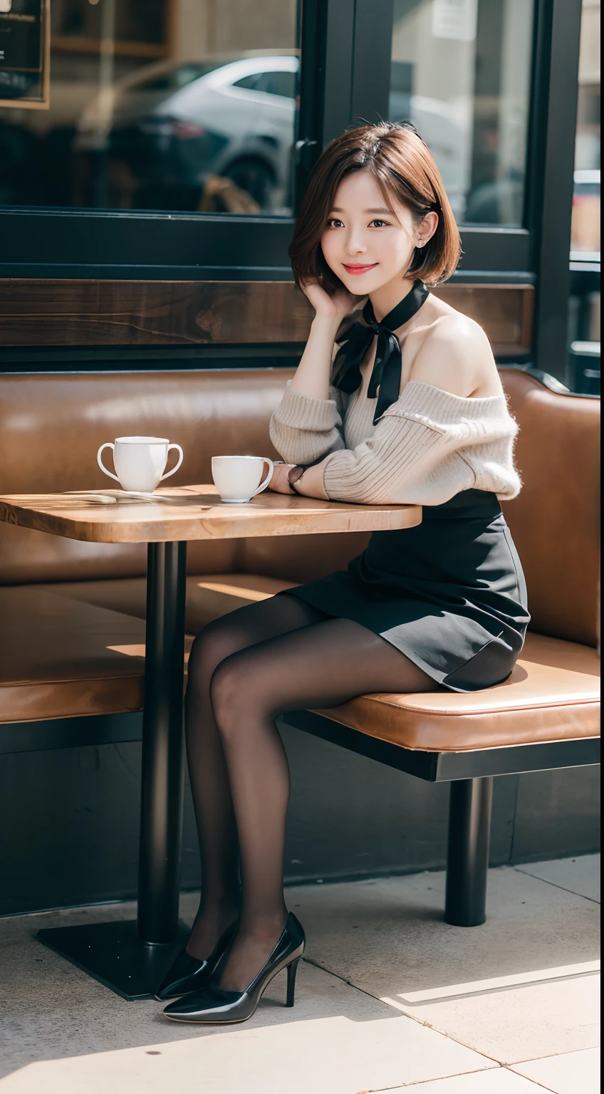 8k uhd, dslr,film grain, Fujifilm XT3,(best quality:1.3), (masterpiece:1.1), high resolution, cinematic light, intricate details, (photorealistic),outside,beautiful outside,sunny,
korean girl,(in cafe:1.5) , dimples, bobcut, looking at viewer, detailed trees, ribbons, bowties, bare shoulders, ribbed sweater,
pencil skirt, high-waist skirt, head rest, sitting, indoors,
necklace,black pantyhose, sheet transportation sweater, (smile),(full body:1.6),slender,