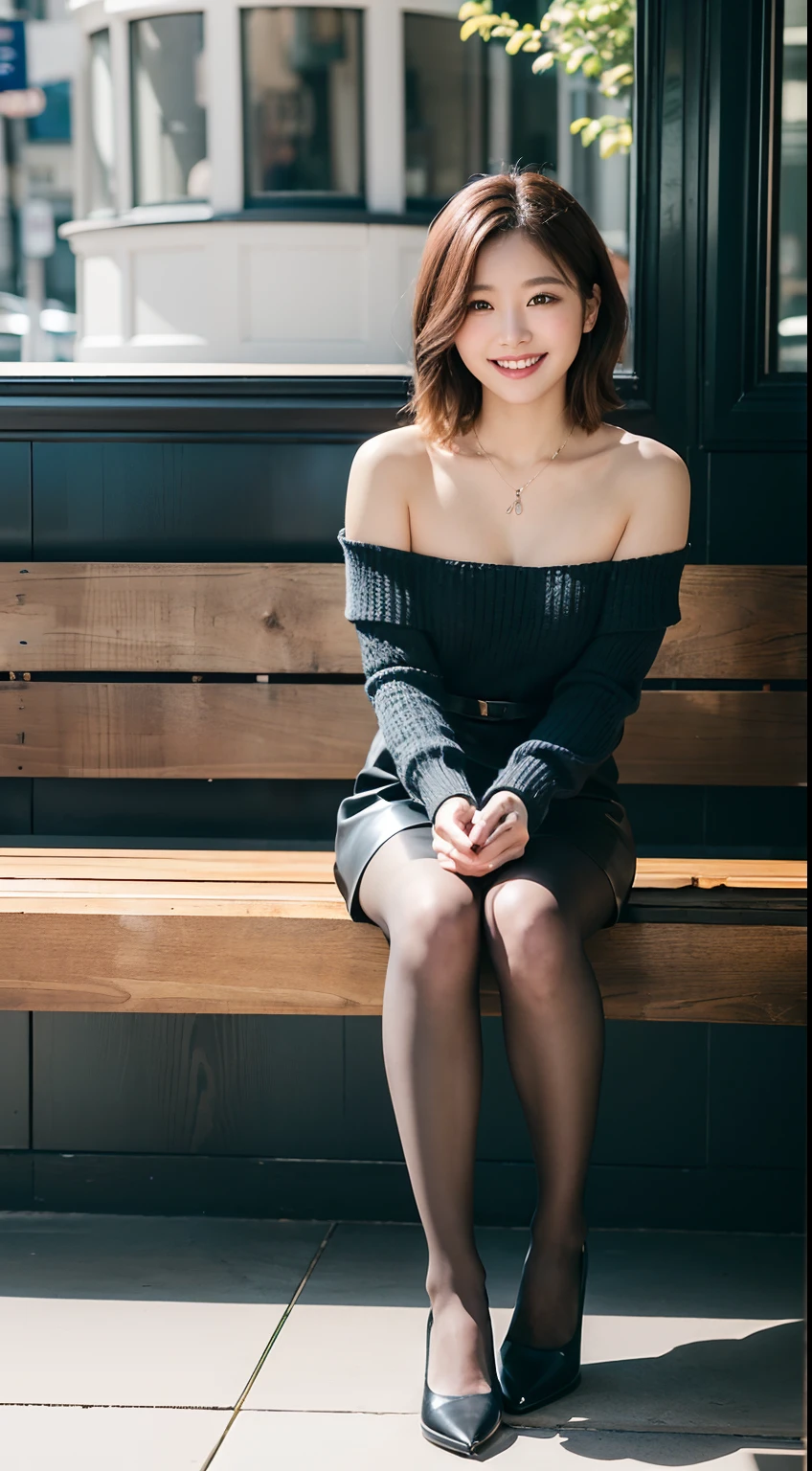 8k uhd, dslr,film grain, Fujifilm XT3,(best quality:1.3), (masterpiece:1.1), high resolution, cinematic light, intricate details, (photorealistic),outside,beautiful outside,sunny,
korean girl,(in cafe:1.5) , dimples, bobcut, looking at viewer, detailed trees, ribbons, bowties, bare shoulders, ribbed sweater, 
pencil skirt, high-waist skirt, head rest, sitting, indoors,
 necklace,black pantyhose, sheet transportation sweater, (smile),(full body:1.6),slender,