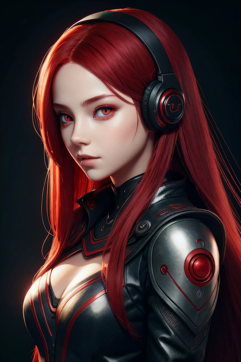 girl with long red hair, red eyes, futuristic vibes, mask on mouth, headphones, 8k, high quality, simple background, glowing eyes, nice pose