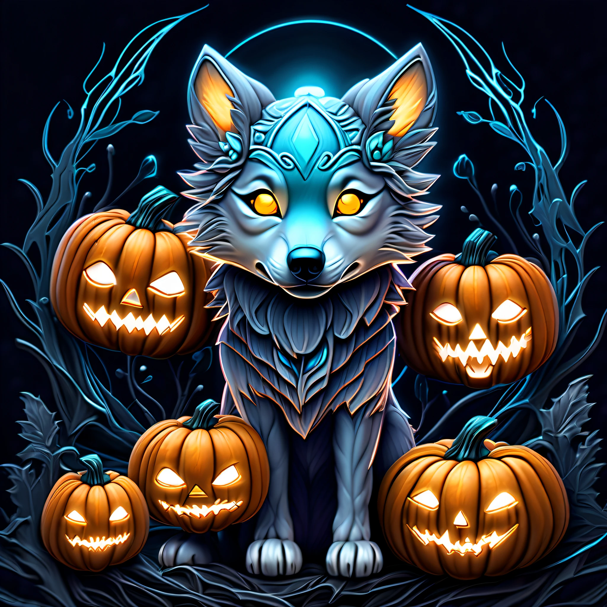 (((wore a holographic jack o lantern mask with utterly cute ash gray wolf cub illustration:1.3))), (bioluminescence:1.1), ((eerie glow:1.3)), matte paint, otherworldly beauty with impeccable clarity, holographic rendering, luminescent holographic, meticulously detailed digital painting, ((stunningly goddess of beauty with ultimate quality, exuding beauty and grace:1.3)), (((beautiful concept art of intricate insane detailed a illustration:1.3))),