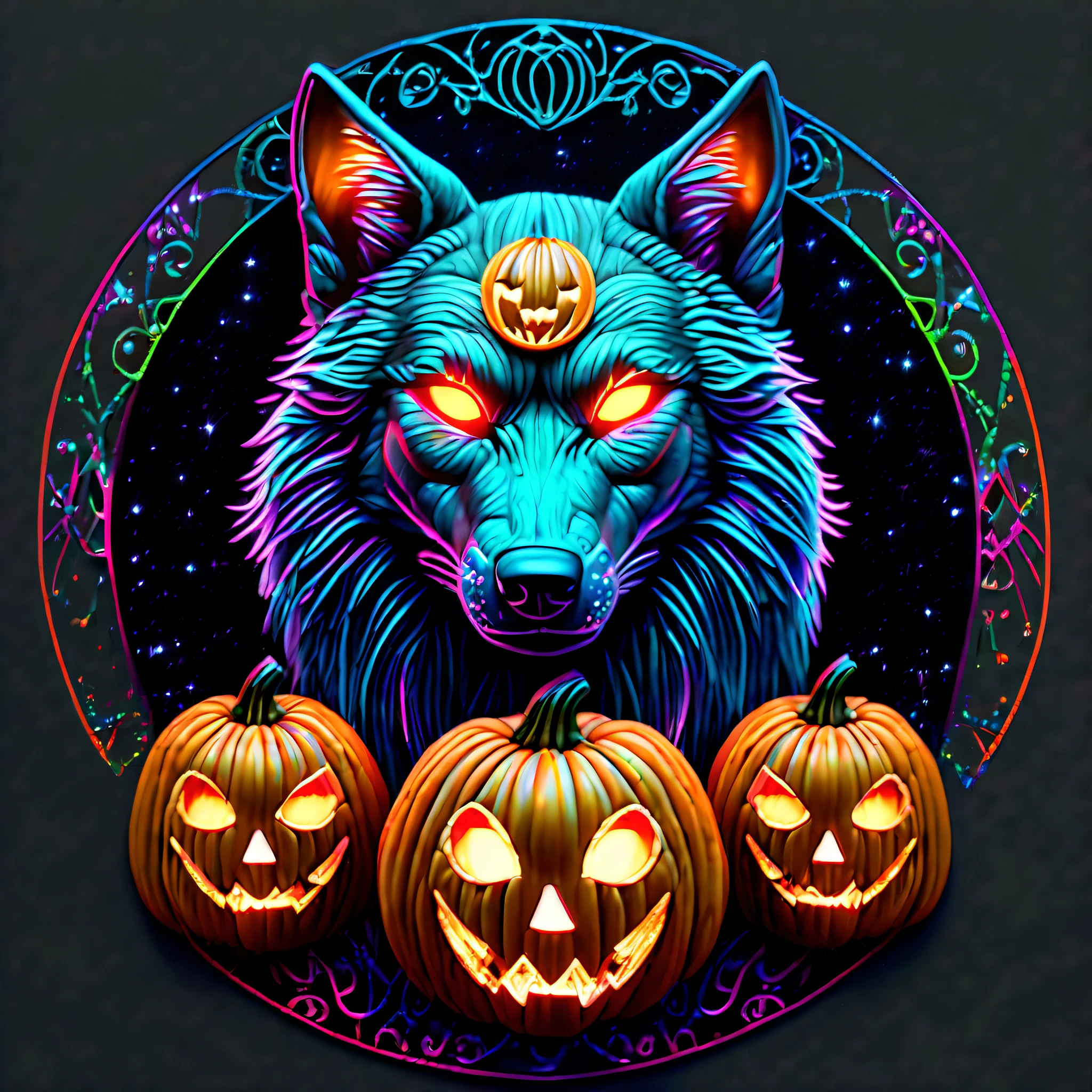 (((holographic jack o lantern mask and utterly cute ash gray wolf cub illustration:1.3))), (bioluminescence:1.1), ((eerie glow:1.3)), (elaborate matte paint:2), (otherworldly beauty with impeccable clarity:1.3), (((holographic rendering:1.2))), luminescent holographic, meticulously detailed digital painting, ((stunningly goddess of beauty with ultimate quality, exuding beauty and grace:1.3)), (((beautiful concept art of intricate insane detailed a illustration:1.3))), golden ratio,