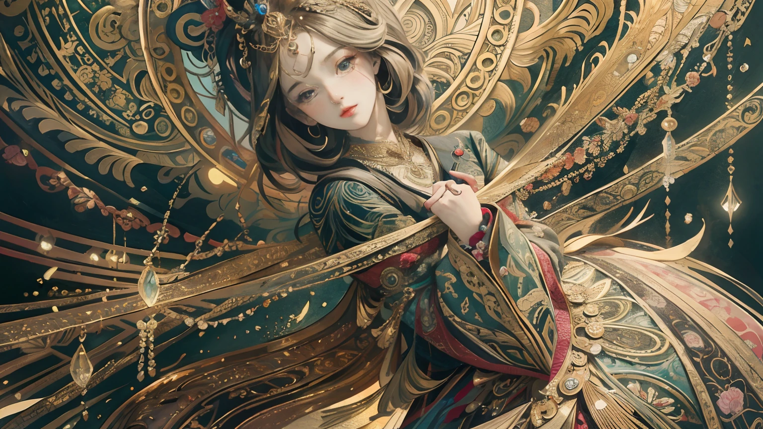 (masterpiece, top quality, best quality, official art, beautiful and aesthetic:1.2), (1girl), extreme detailed,colorful,highest detailed, official art, unity 8k wallpaper, ultra detailed, beautiful and aesthetic, beautiful, masterpiece, best quality, (zentangle, mandala, tangle, entangle) ,holy light,gold foil,gold leaf art,glitter drawing, PerfectNwsjMajic