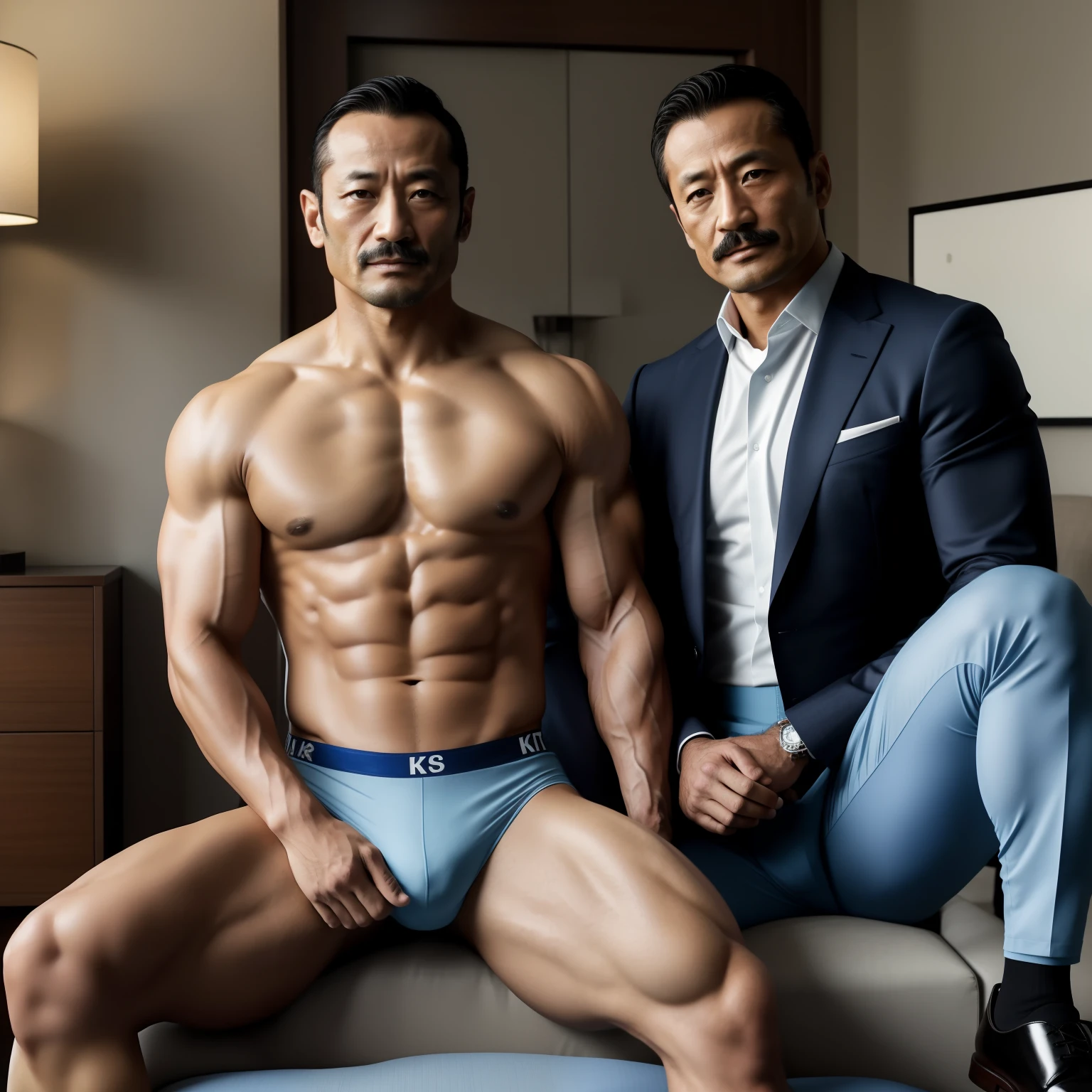aged 40,Hidetoshi Nakata ,(Kogoro Mouri 1.3),Two muscular men together,Naked upper body,Thick body hair,Crotch contour,Wear light blue sexy briefs,with mustache,tmasterpiece,k hd,black long socks,the feet,Business suit