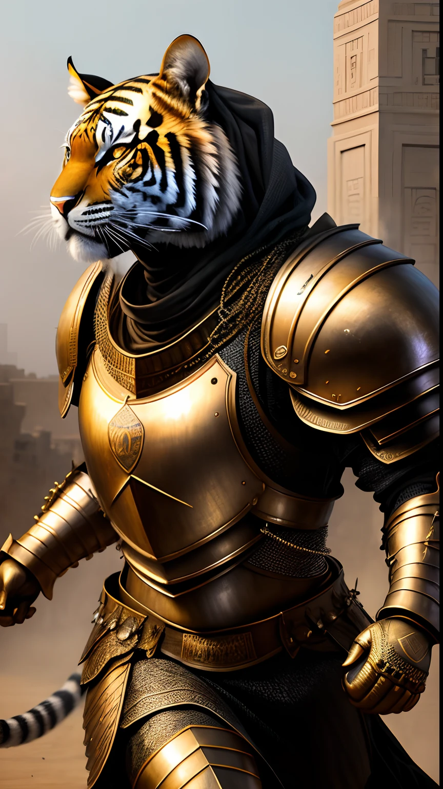 Animalrizz   (( Farro )) 10, masterpiece, highres, Absurd,photorealistic portrait, Parley_armature,Egypt, Cute tiger in armor ,Wear Parley_armature, Massive futuristic armor, running, move,