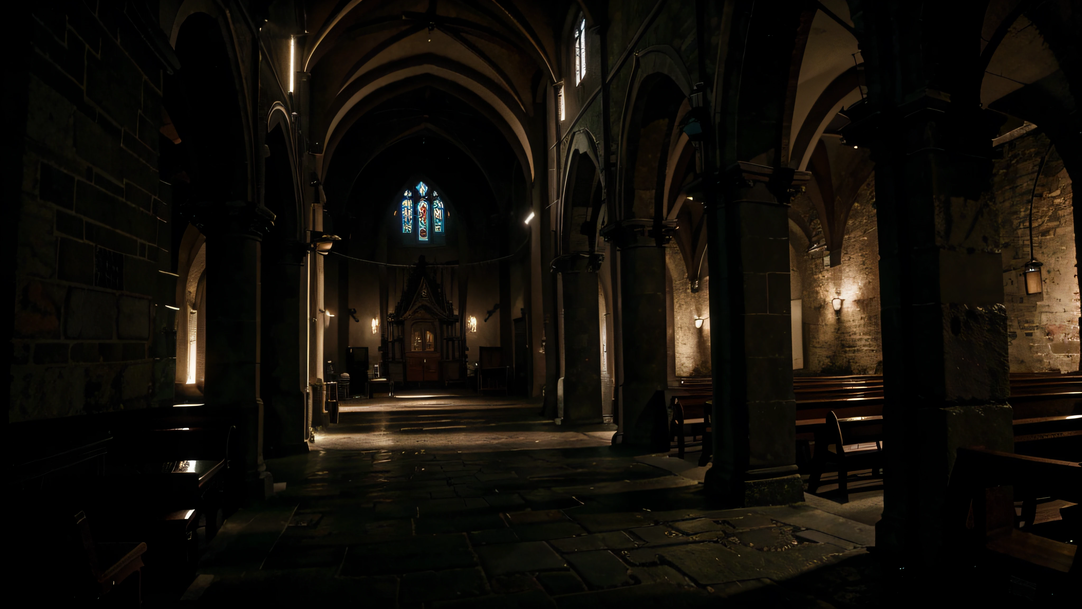 best quality, Church, Extreme quality, very realistic, Dark street with poor lighting, dark environment, plants, church