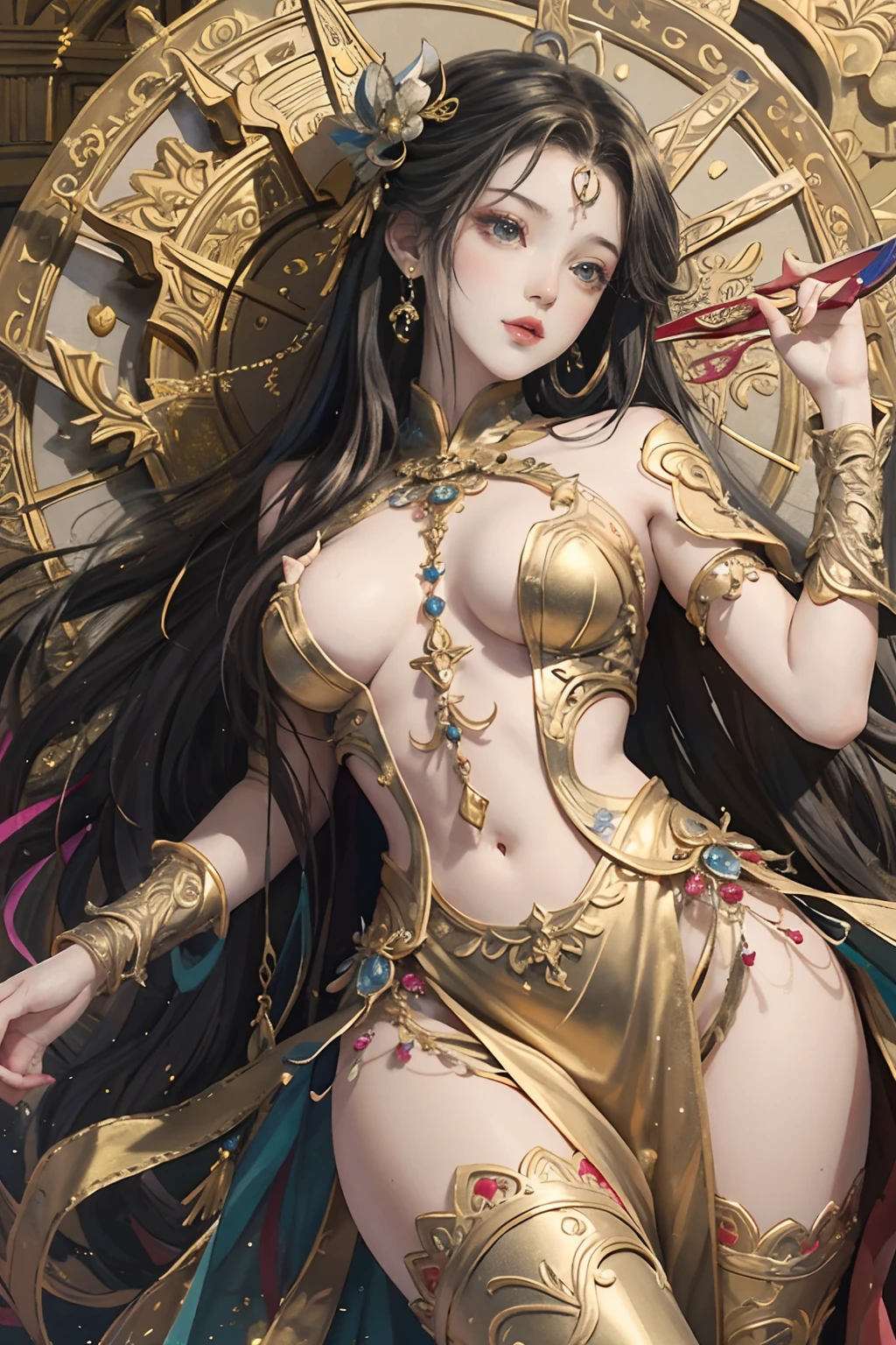 (tmasterpiece,top Quority,best qualtiy,offcial art,Beautiful and aesthetic:1.2),(1girl),Extremely detailed,Colorful,highestdetailed,offcial art,统一 8k 壁纸,ultra - detailed,Beautiful and aesthetic,big breasts beautiful,tmasterpiece,best qualtiy,(zentangle,datura,Tangles,entangled),holy rays,gold foil,Gold leaf art,glitter drawing,PerfectNwsjMajic,Complete body,From knee to chest,fully body photo