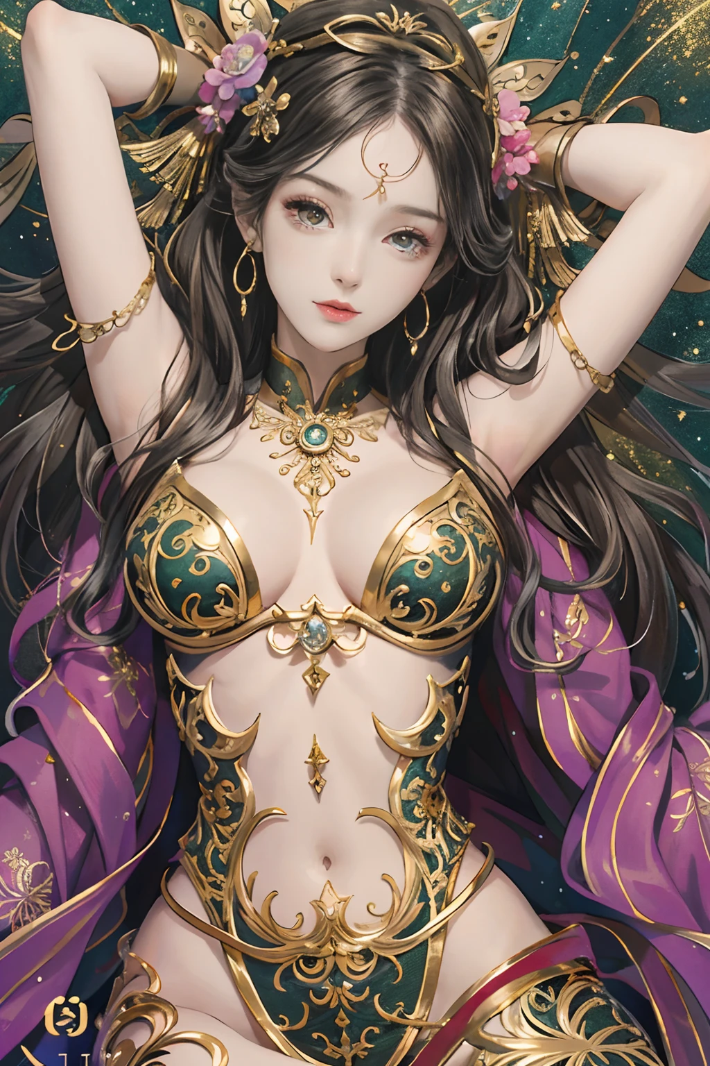 (tmasterpiece,top Quority,best qualtiy,offcial art,Beautiful and aesthetic:1.2),(1girl),Extremely detailed,Colorful,highestdetailed,offcial art,统一 8k 壁纸,ultra - detailed,Beautiful and aesthetic,big breasts beautiful,tmasterpiece,best qualtiy,(zentangle,datura,Tangles,entangled),holy rays,gold foil,Gold leaf art,glitter drawing,PerfectNwsjMajic,Complete body,From knee to chest,fully body photo