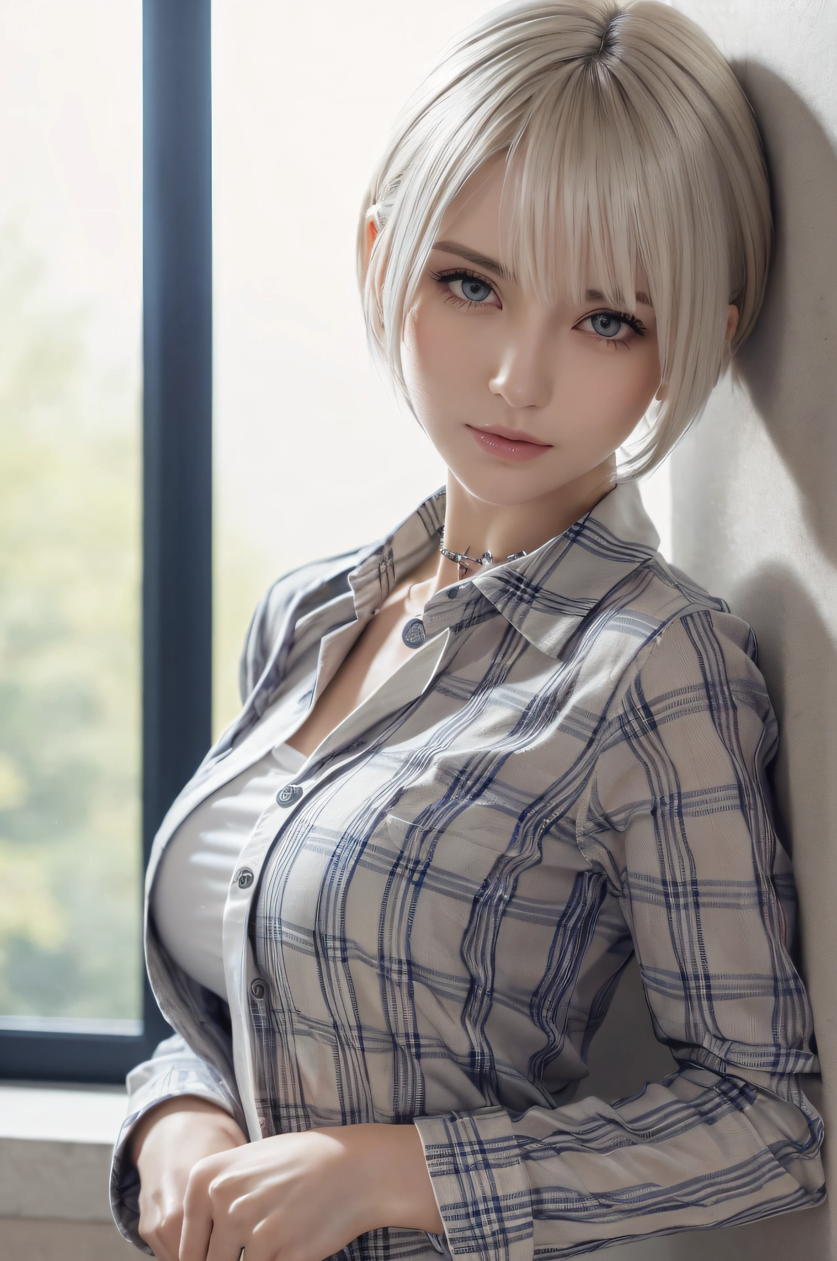 (((extremely fine and beautiful, perfect detail, Ultra Detail))), Whole body, The most detailed girls, depthoffield, Cool pose, beautiful detailed fullbody, neat figure, 1 rapariga, 30 years old, Very short hair, spiked hair, White and silver hair, beautiful detailed hair, Perfect face, deadpan, beautiful detailed deep eyes, Slightly open mouth, Delicate arm and hands, flat chest, pale skin, Piercing, Beautifully gorgeous necklace, Colorful background, HD Backgrounds, Blurry background, extremely delicate and beautiful, Best Masterpiece, (((best qualtiy, very fine 8KCG wallpaper))),(((Posing like a model))),(((Trendy hairstyles,Trendy fashion,Checked shirt,With collar,long-sleeve,Close button))),(inside in room,Stylish interior,window),
