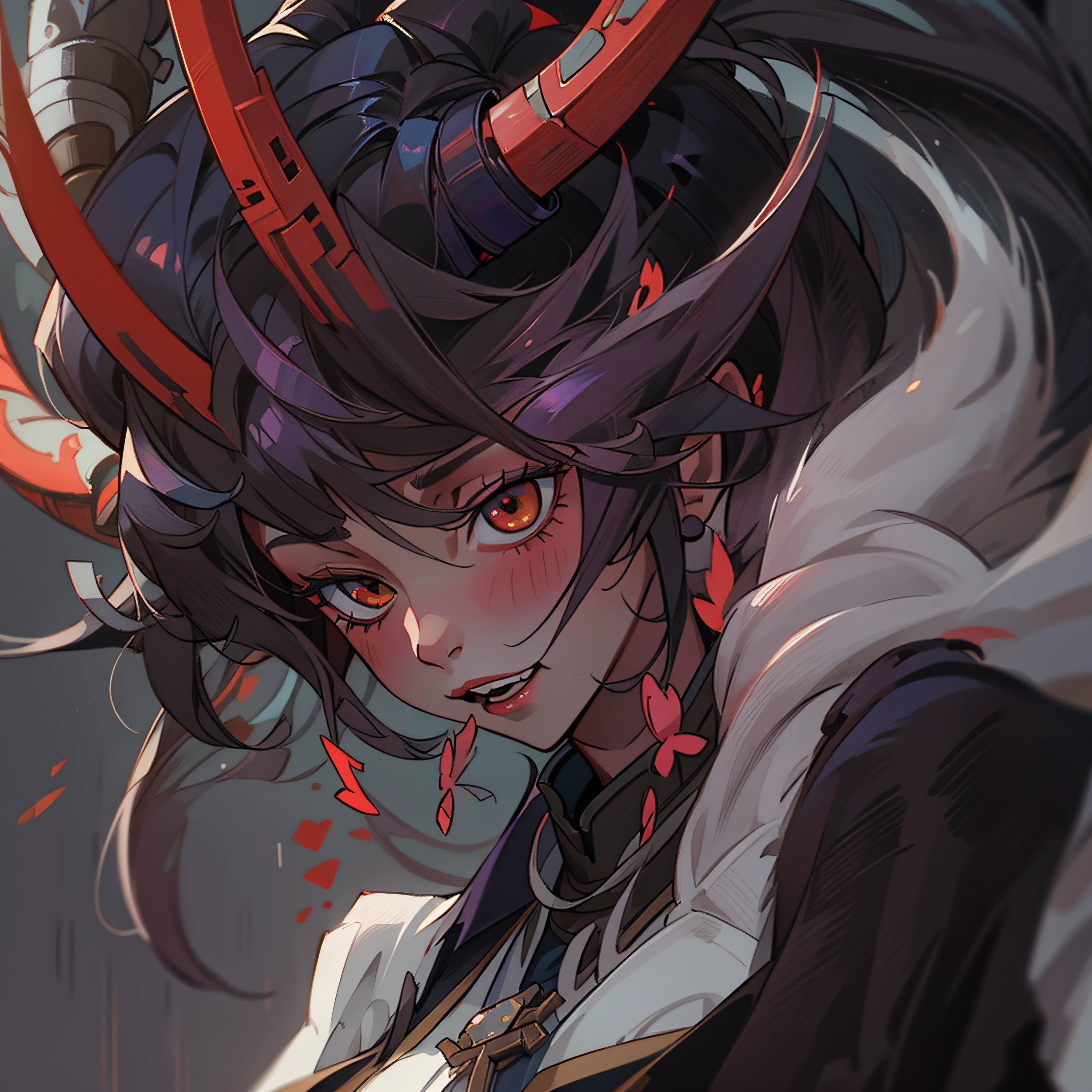 a close up of a woman with horns and a demon face, digital art inspired by Li Mei-shu, cgsociety contest winner, digital art, albedo from overlord, onmyoji portrait, deviantart artstation cgscosiety, fanart best artstation, badass anime 8 k, portrait gapmoe yandere grimdark, widowmaker