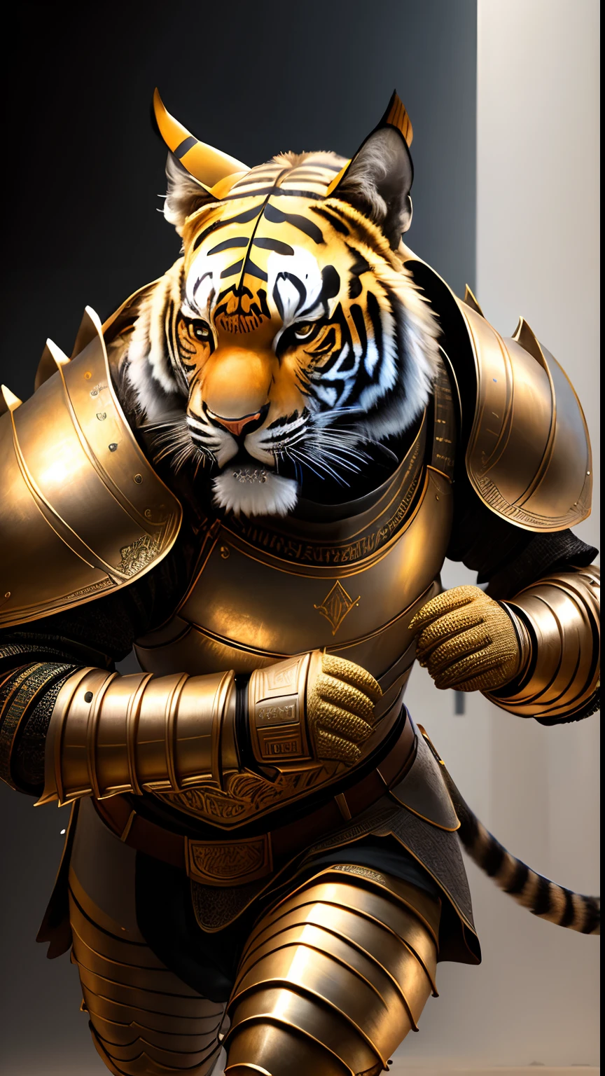 Animalrizz   (( Farro )) 10, masterpiece, highres, Absurd,photorealistic portrait, Parley_armature,Egypt, Cute tiger in armor ,Wear Parley_armature, Massive futuristic armor, running, move,