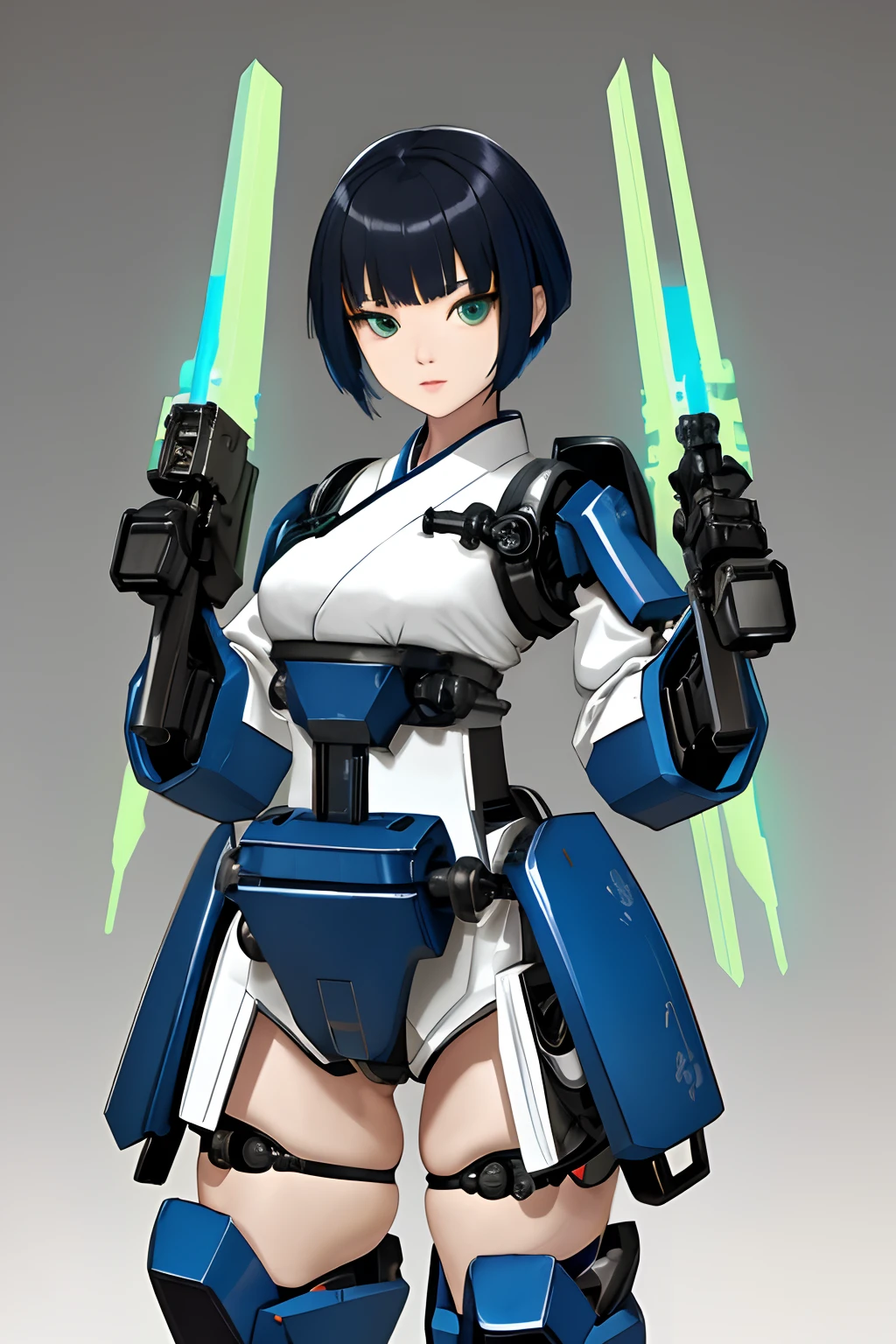 best quality, high_resolution, distinct_image, detailed background ,hanbok,fused robot,girl,holding weapon,mecha musume:0.5, in factory,exoskeleton, black and blue color scheme, green neons, unique melee weapon, pretty, thicc, medium hair, full body with no cut off