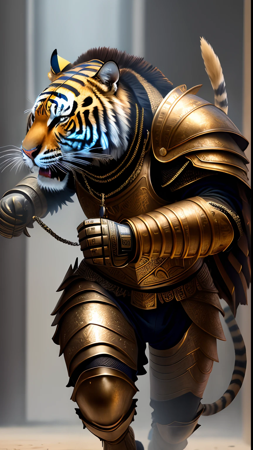 Animalrizz   (( Farro )) 10, masterpiece, highres, Absurd,photorealistic portrait, Parley_armature,Egypt, Cute tiger in armor ,Wear Parley_armature, Massive futuristic armor, running, move,