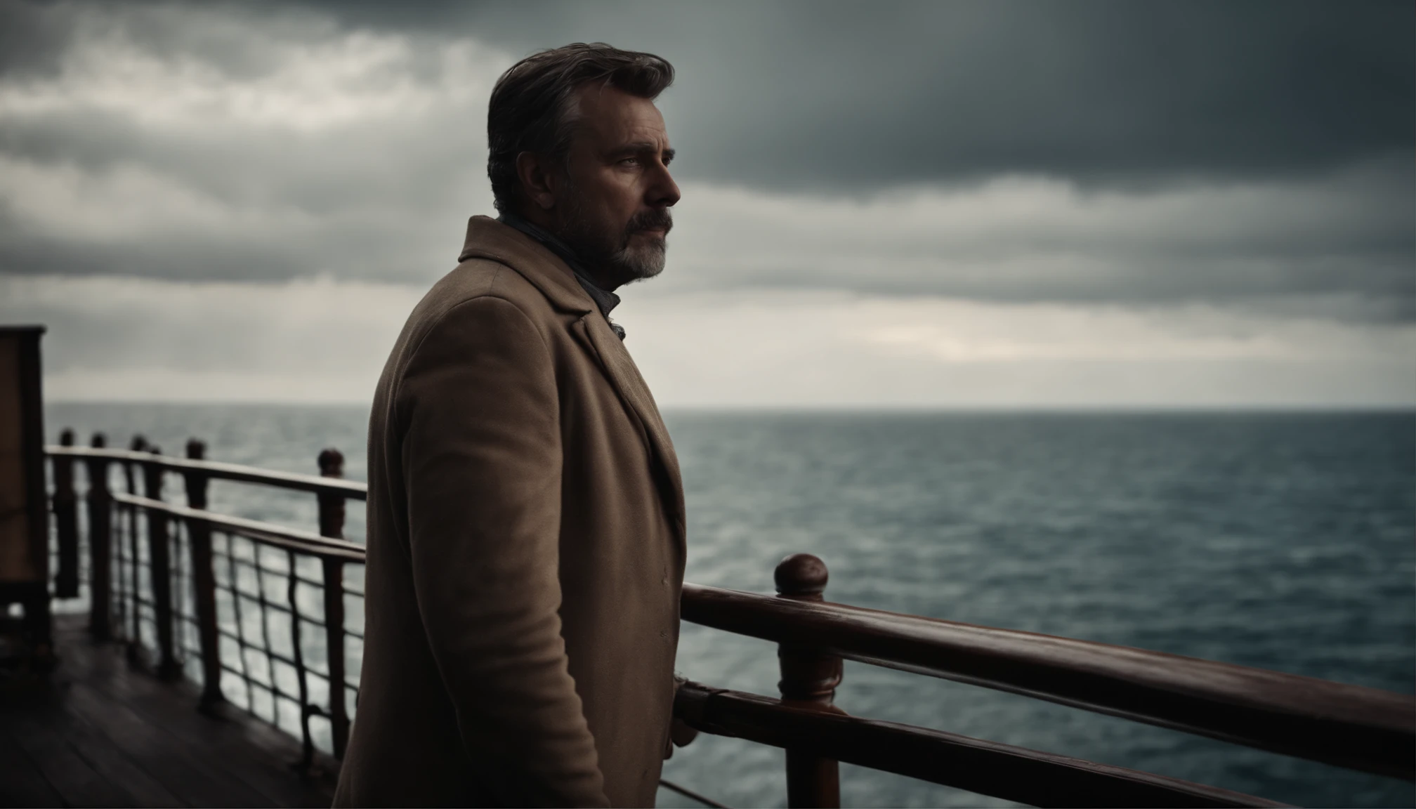 A man stands on the deck of a ship looking out to sea