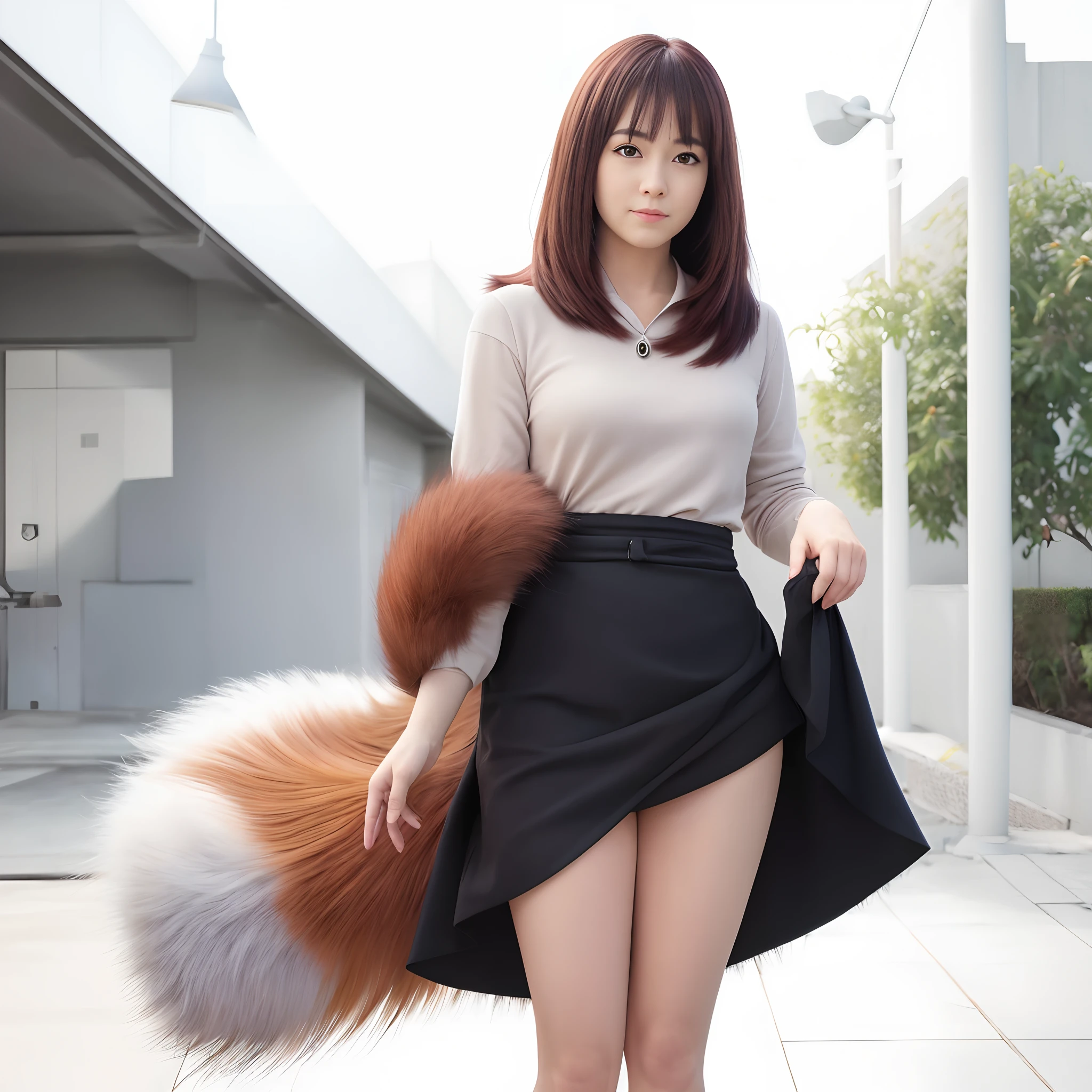 ((highest quality, 32k)), ((masterpiece)), (Familiar), Perfect Face, Fox woman, Beautiful woman, public, Has a tail, She has a fluffy tail, She has a red fox's tail., She wags her tail, smile, bell collar, She wears a skirt, Beautiful Hips, Big Breasts, Big tail, She has a tail sticking out from under her skirt, Turn around on all fours