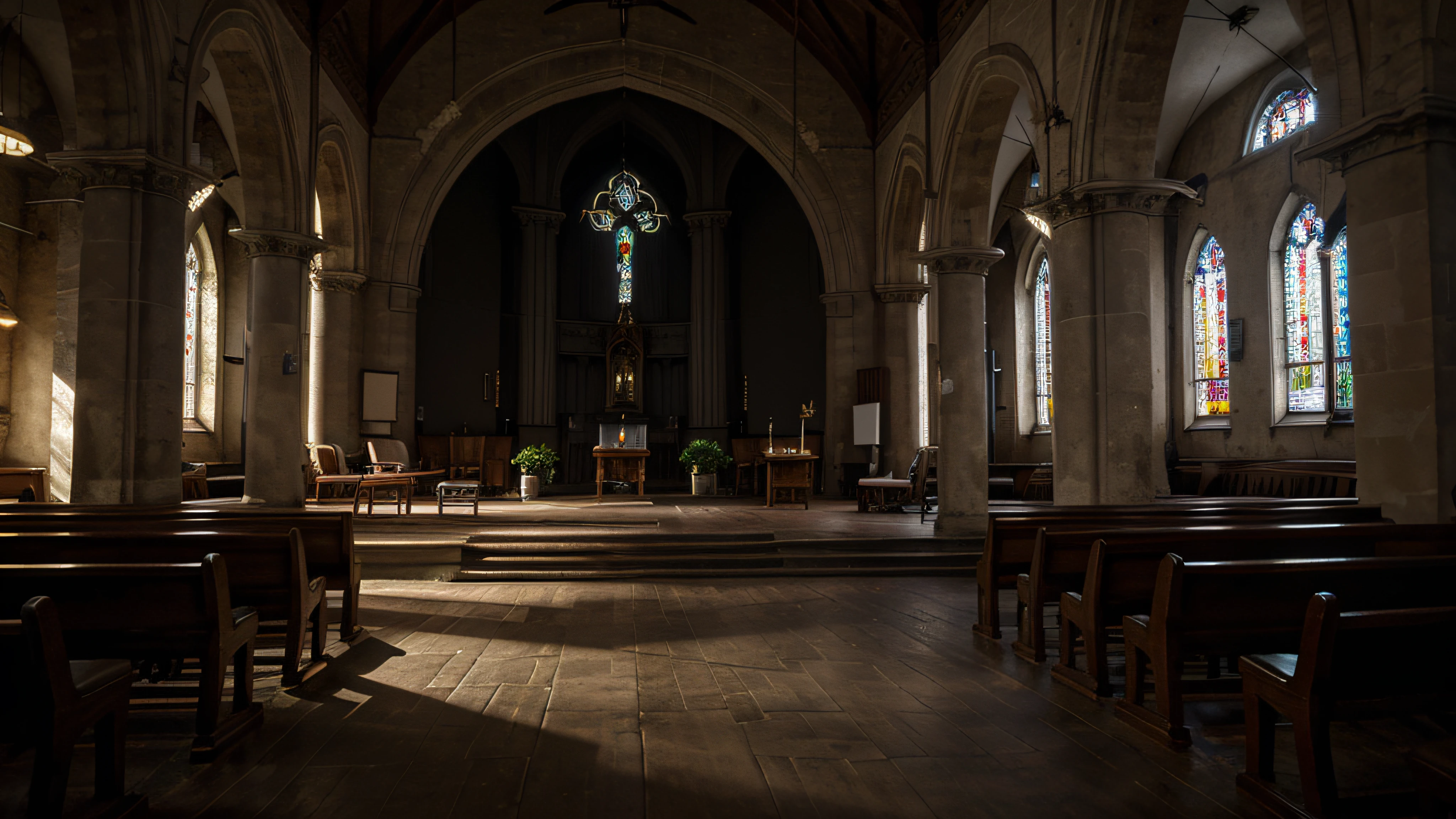 best quality, Church, Extreme quality, very realistic, Dark street with poor lighting, Houses, dark environment, plants, church