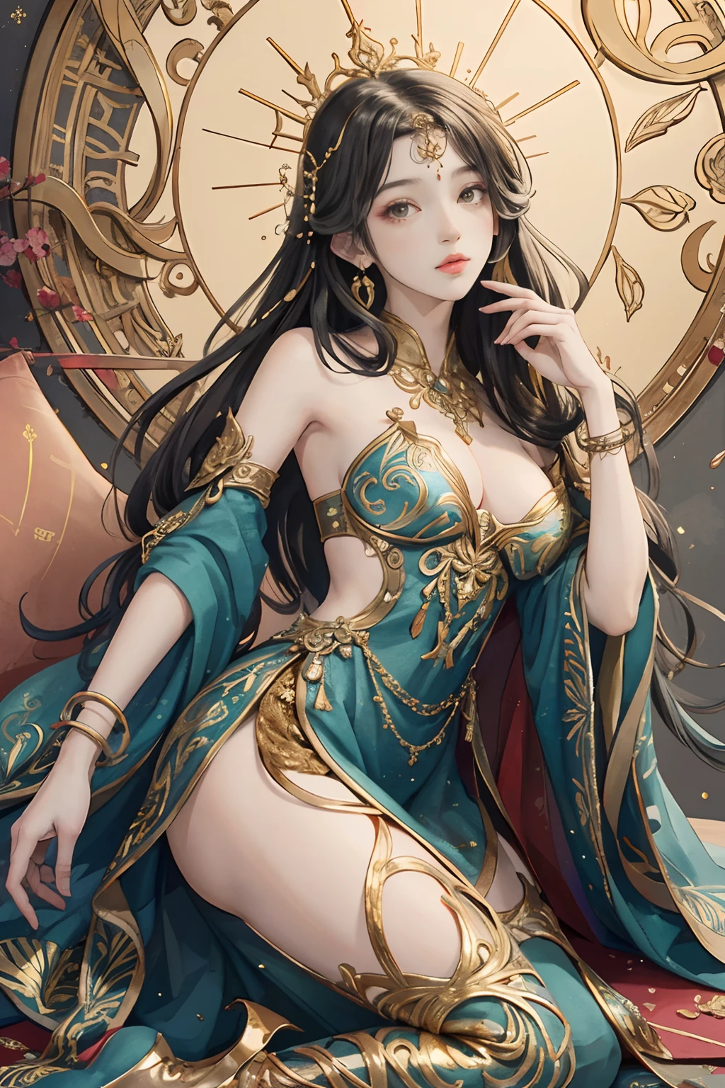 (tmasterpiece,top Quority,best qualtiy,offcial art,Beautiful and aesthetic:1.2),(1girll),Extremely detailed,Colorful,highestdetailed,offcial art,统一 8k 壁纸,ultra - detailed,Beautiful and aesthetic,big breasts beautiful,tmasterpiece,best qualtiy,(zentangle,datura,Tangles,entangled),holy rays,gold foil,Gold leaf art,glitter drawing,PerfectNwsjMajic,Complete body,From knee to head,fully body photo