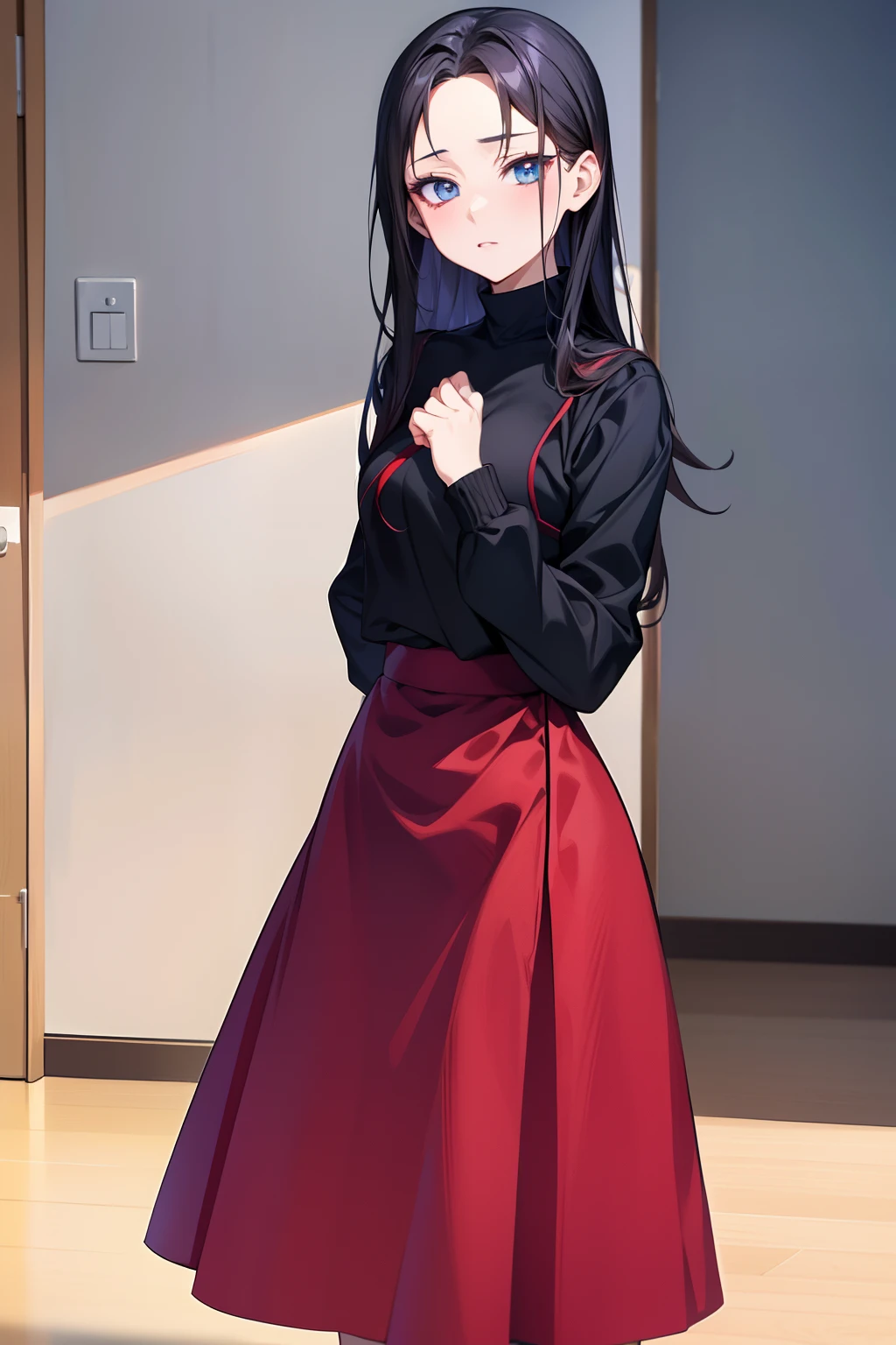 Anime girl in red skirt and black top stands in room, anime girl wearing a black dress, Rin Tohsaka, Anime visuals of cute girls, anime moe art style, made with anime painter studio, big eye、Blue eyes、 Cute anime waifu in a nice dress, anime visual of a young woman, Hinata Hyuga