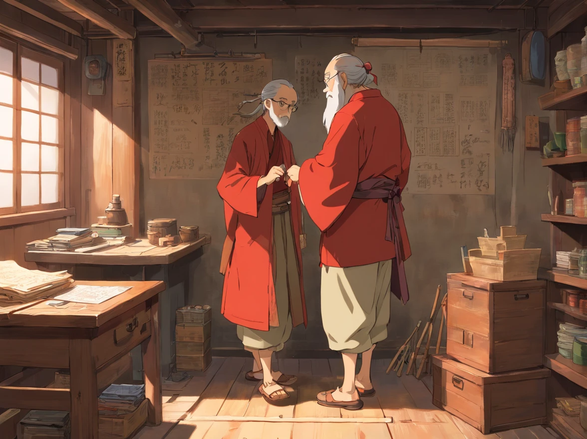 Indoors,Red Zhuang costume -yeld boack Shadow,are standing,Look up at the drawings and tools on the wall(Boy image:Red clothes,Carry a bag,年轻)。The old man in brown Zhuang clothes stood next to the boy,Back Shadow,Back hands behind you(Image of the old man:brown clothes,Thin and shriveled,Has a long beard,)The walls are covered with all kinds of production flowcharts and tools。