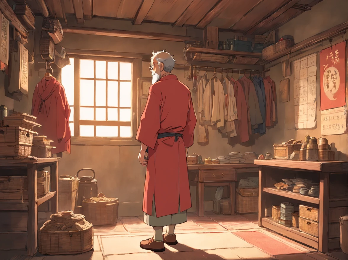 Indoors，Red Zhuang costume -yeld boack Shadow，are standing，Look up at the drawings and tools on the wall（Boy image：Red clothes，Carry a bag，年轻）。The old man in brown Zhuang clothes stood next to the boy，Back Shadow，Back hands behind you（Image of the old man：brown clothes，Thin and shriveled，Has a long beard，）The walls are covered with all kinds of production flowcharts and tools。