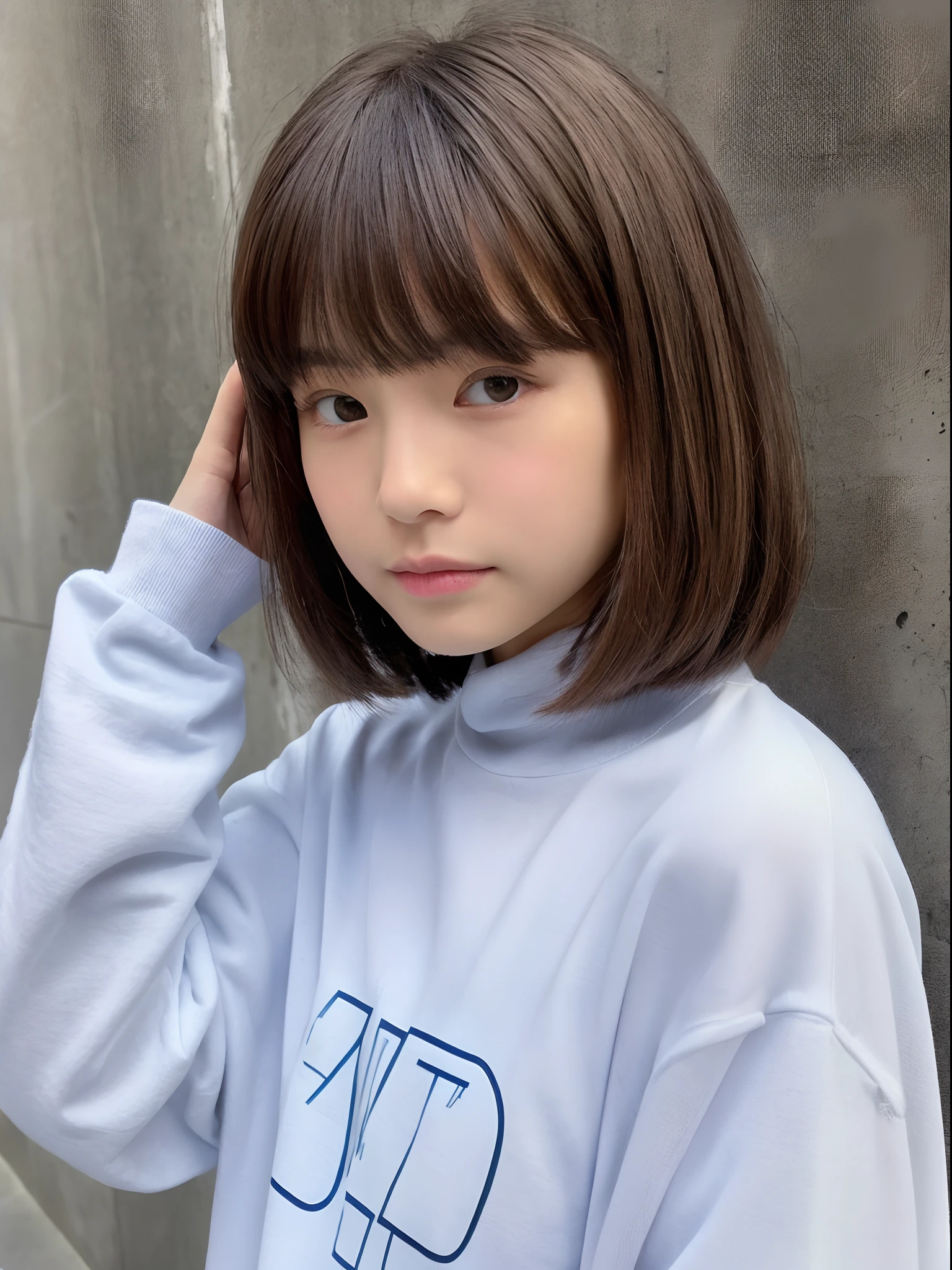 ((((Japanese elementary school student))))、japanese girl、((With a round face))、((Tanuki face))、((Close up of cute little face))、、white skin、Physical examination of adolescents、、Shorten the torso（anatomically correct)、alone、whole body、very nice、Are sleeping、((((((4-year-old)))))、alone,　messy short cut hair、alone、broken short hair、(Close-up from the top of the bed)、((Get angry))、(((realistic skin texture)))、Photoreal　((large plain white tank top))　((concrete wall))