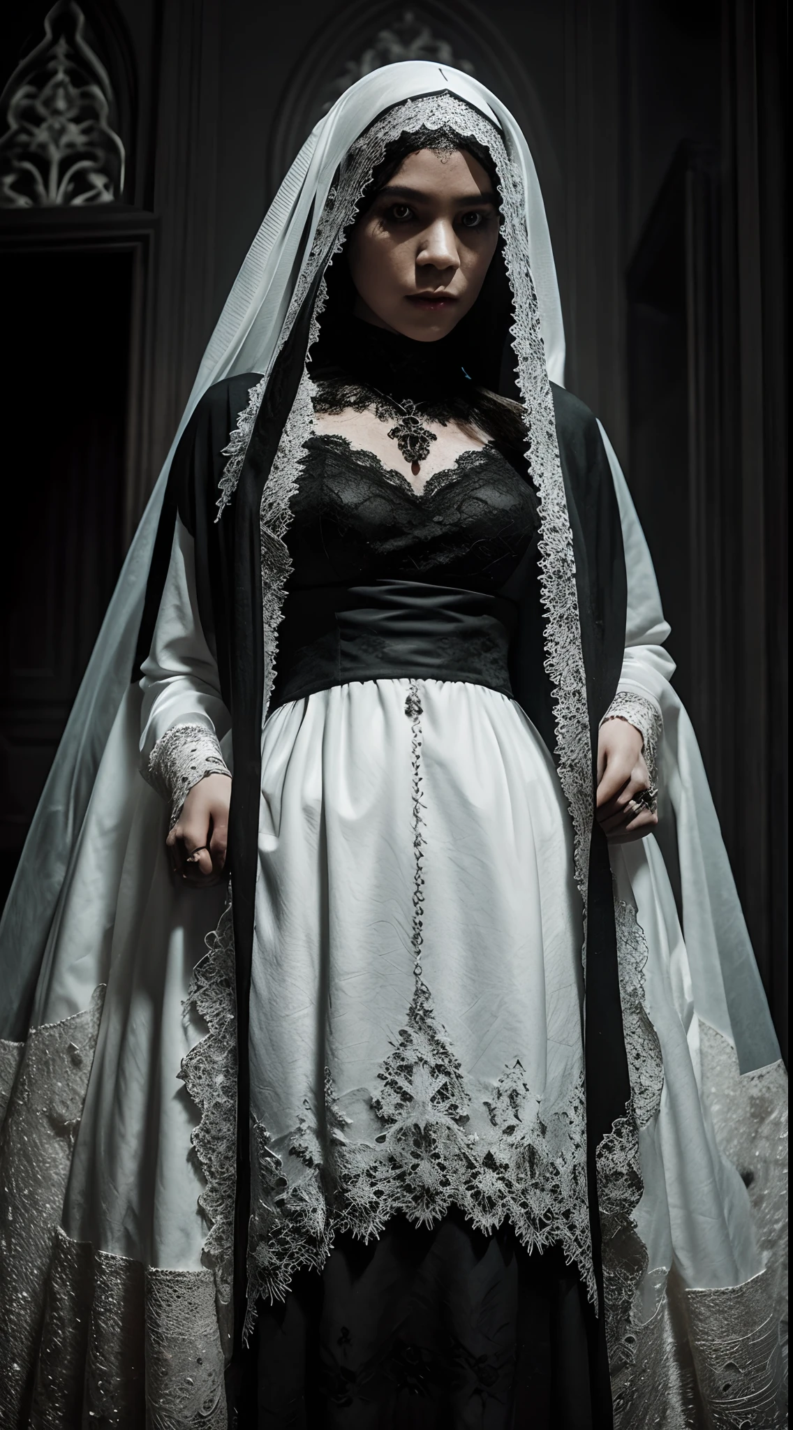 Capture a hauntingly beautiful portrait of the Malay woman in a gothic-inspired,white long hair, black lace gown with a veil, set within a mysterious and eerie mansion, where candlelight casts eerie shadows, creating an atmosphere of dark, Gothic horror.