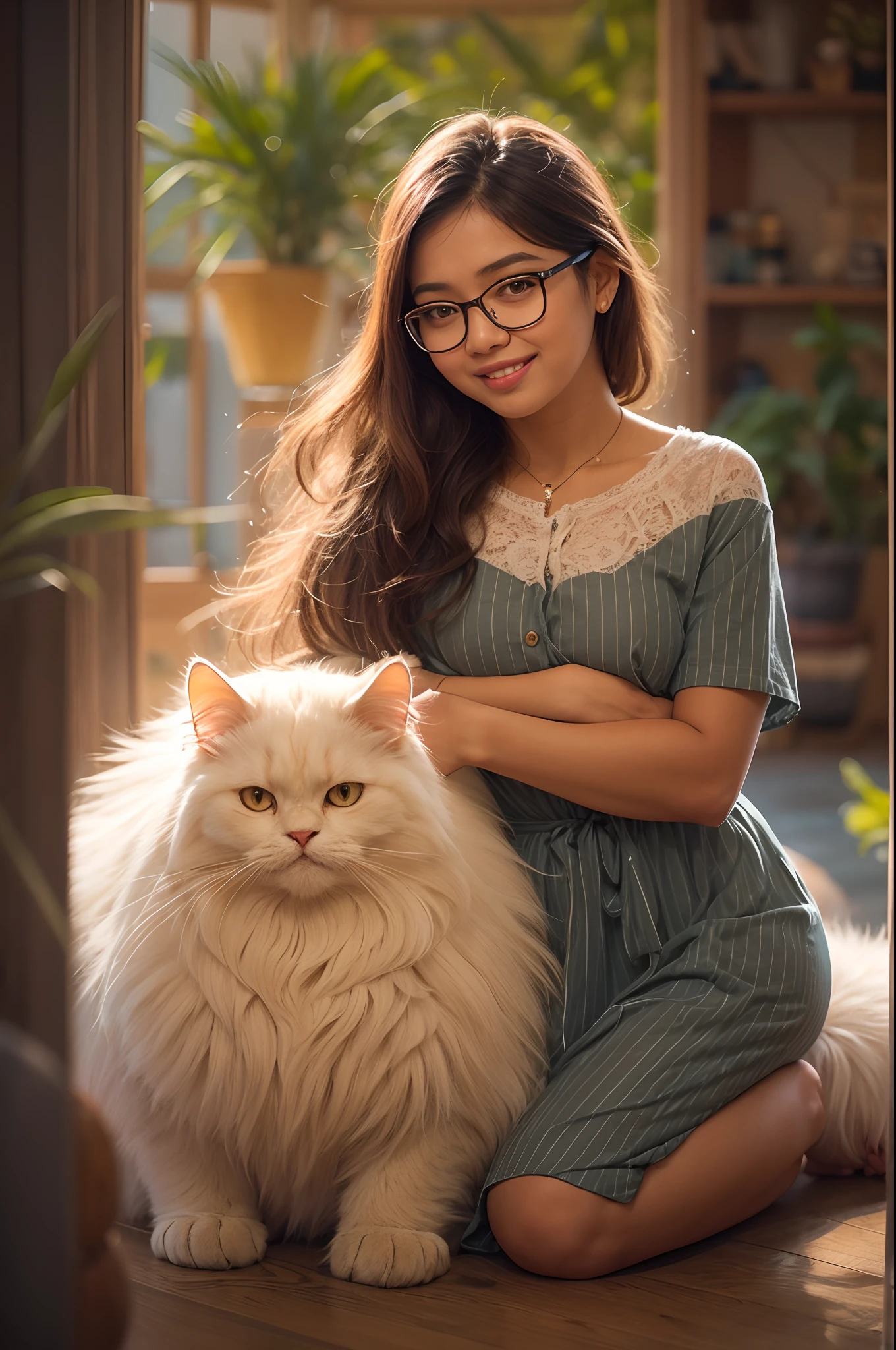 Design a heartwarming scene as the young Malay woman interacts with her beloved very big cat pet, very big fluffy white persian cat, very cute malay woman with beautiful small petite body, wear small baju kurung, wear glasses, round glasses, very long golden brown hair, very long haircut with bangs, small petite body, beer belly, small waist, slim, wide hips, thick thighs, showcasing the bond between them in a cozy home setting, bright lighting, happy, 8k, high quality, ray lighting,