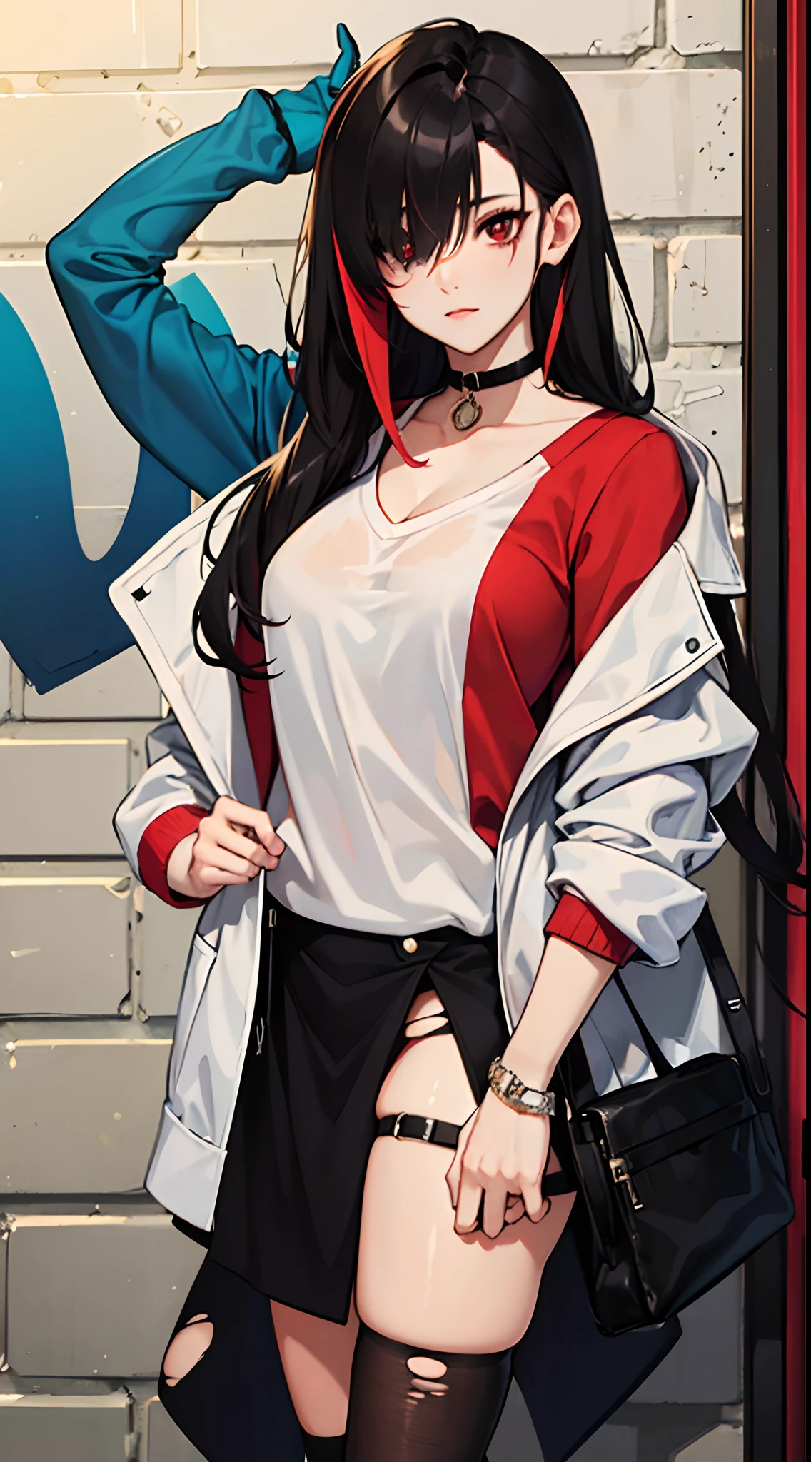 Red-black two-tone hair、hime-cut(masutepiece:1. 2), ( Best Quality:1. 1), 1girl in, thick thighs, Intricate details, chromatic abberation, 1girl in, Long hair, Black hair, hair messy, red highlights, Hair over one eye, Princess Cut Red Eyes, Sharp eyes, Choker, Neon Shirt, torn legwear, Open jacket, Against Wall, Brick wall, Graffiti, Dim lighting, backstreet --auto