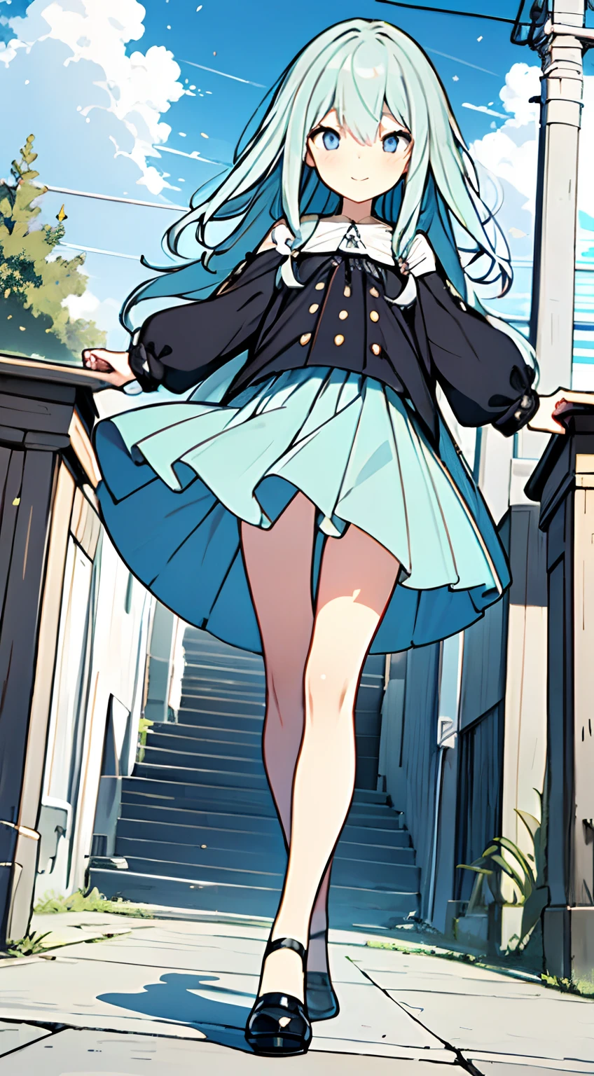 masuter piece, Best Quality,32K、Wallpaper, ultra -detail, Absurd beauty, 1beautiful girl、Big eyes、Hair fluttering in the wind、Slender legs、Smaller head、miscievous smile、Angle looking down from above:1.3、✨
