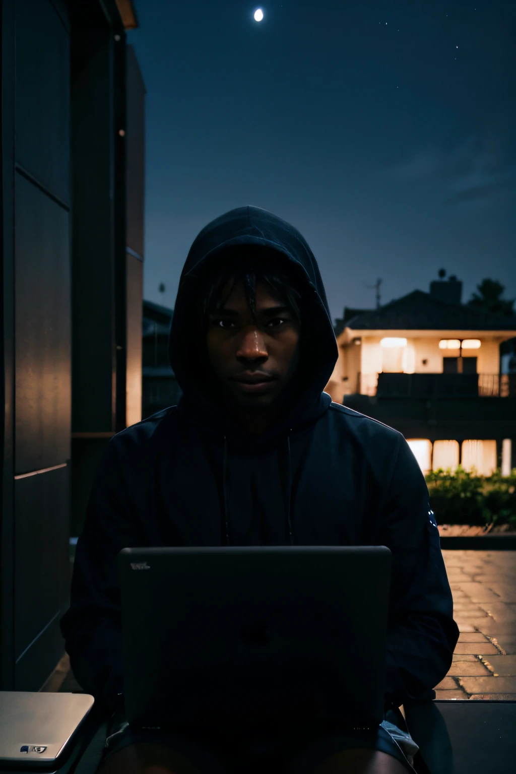 anime black man on a blue laptop at night in front of a hood,